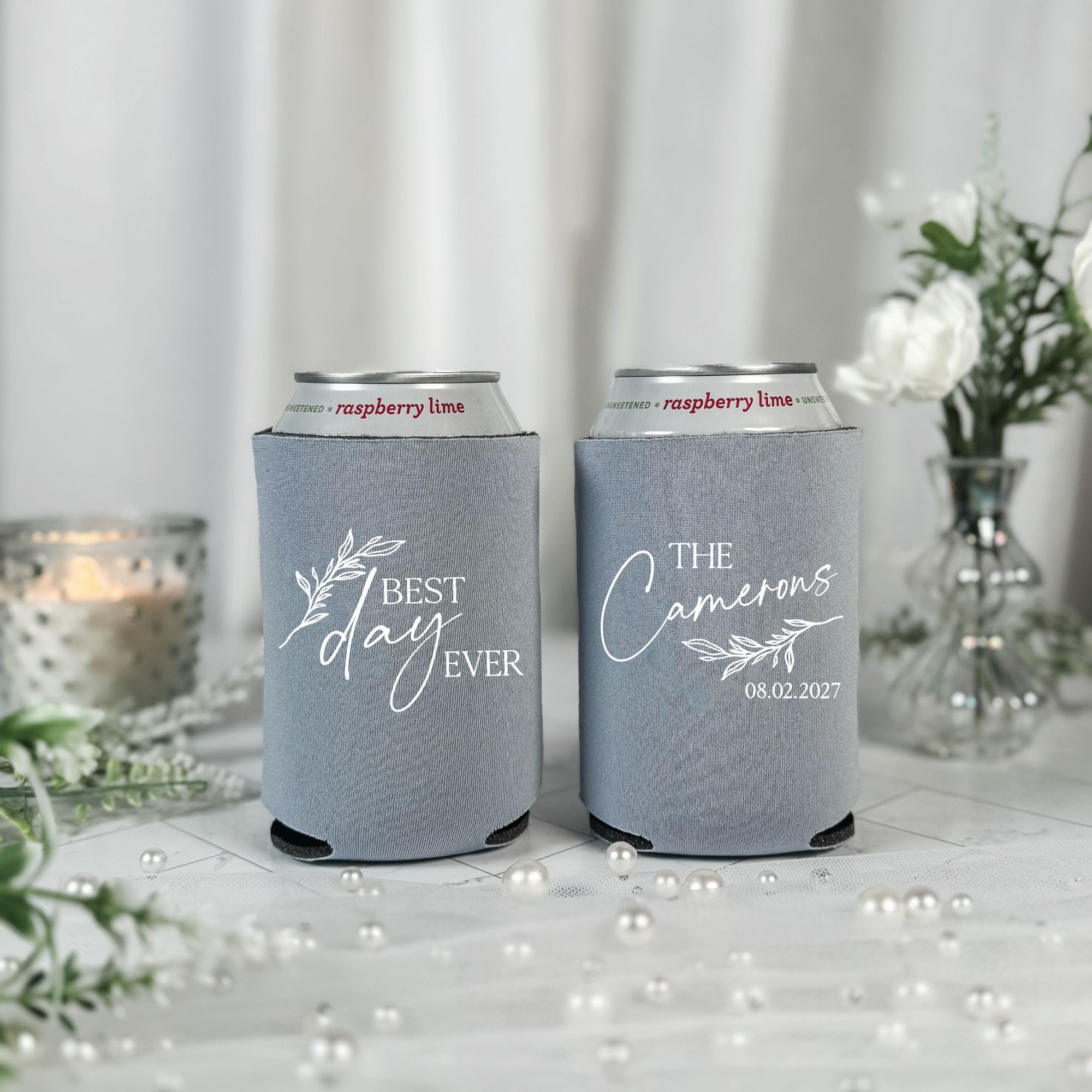 Best Day Ever Script Wedding Can Cooler Slate Blue – Rubi and Lib