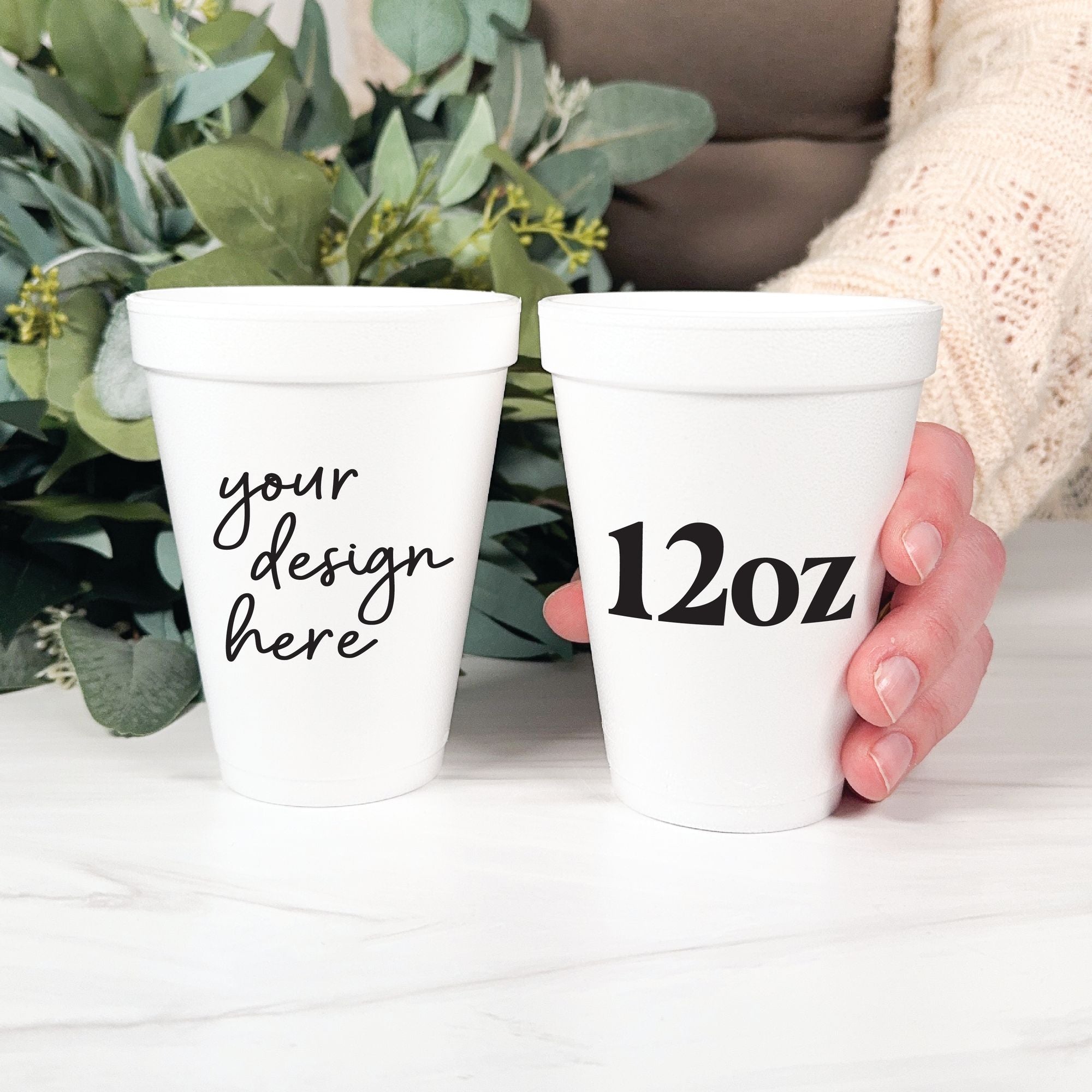 Personalized Foam Wedding Cups Design Your Own 12oz on Marble with Eucalyptus – Rubi and Lib