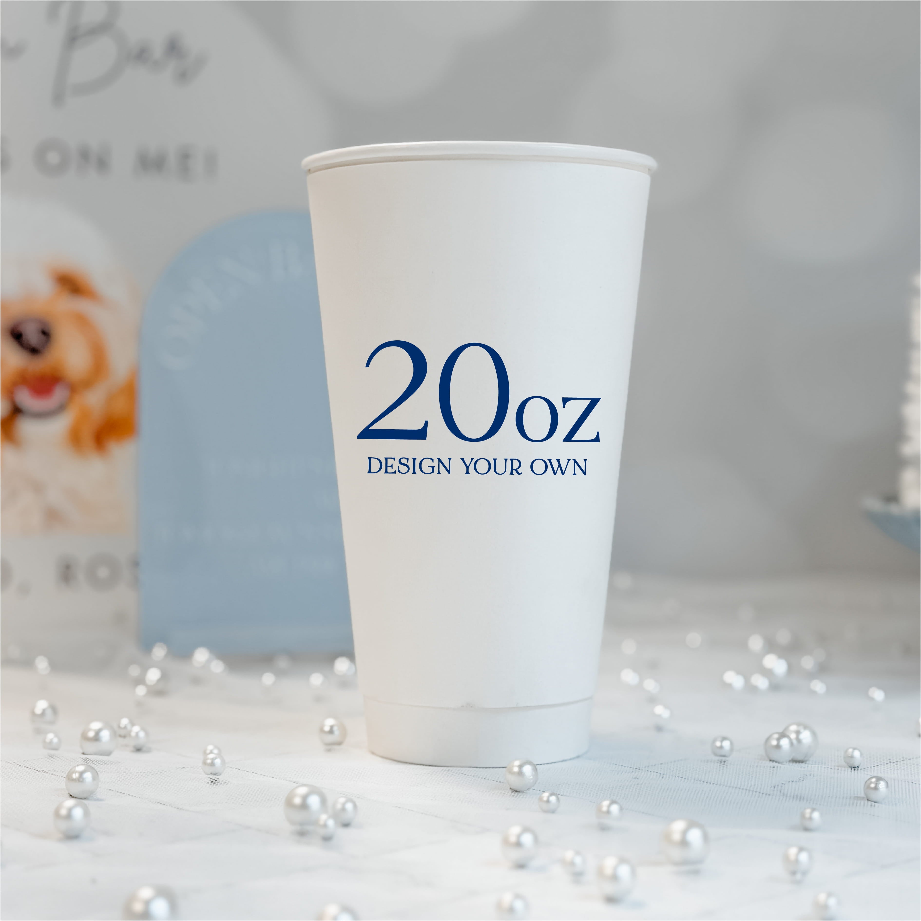 20 oz white paper cup with a custom navy design printed on the front for weddings and showers