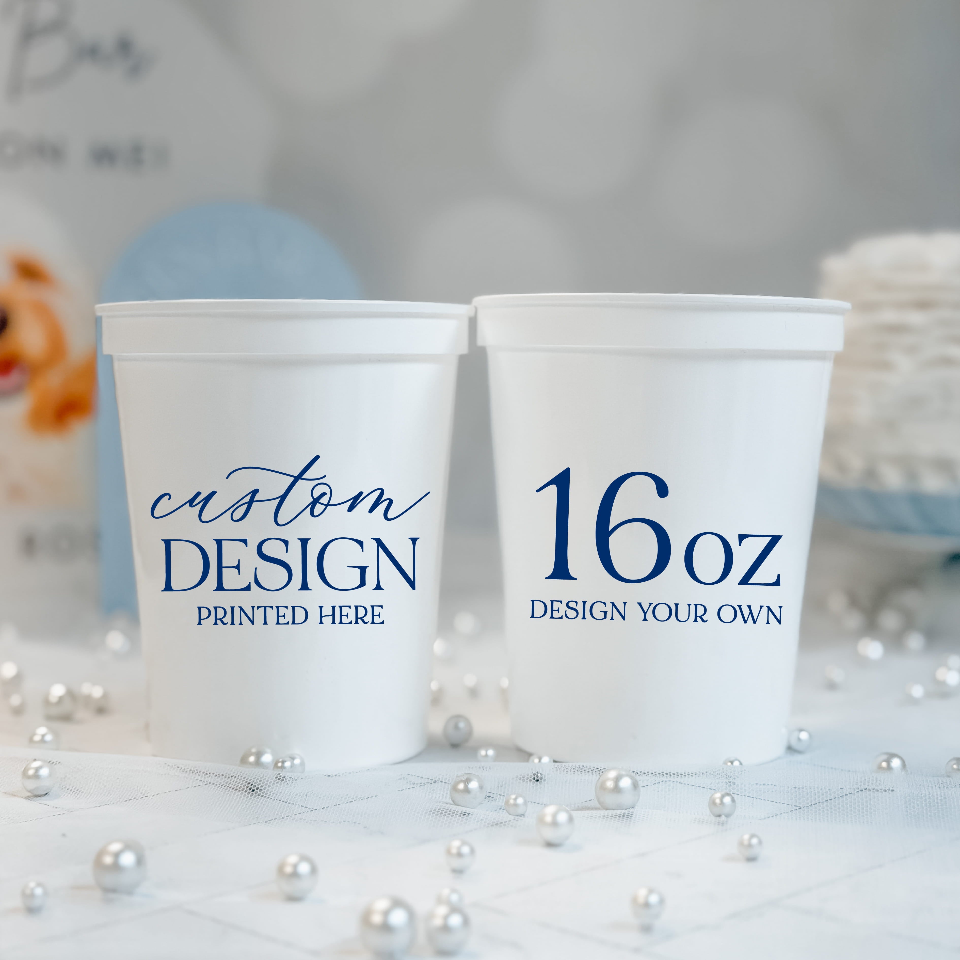 16 oz white stadium cup personalized with a custom navy design for weddings and game day parties