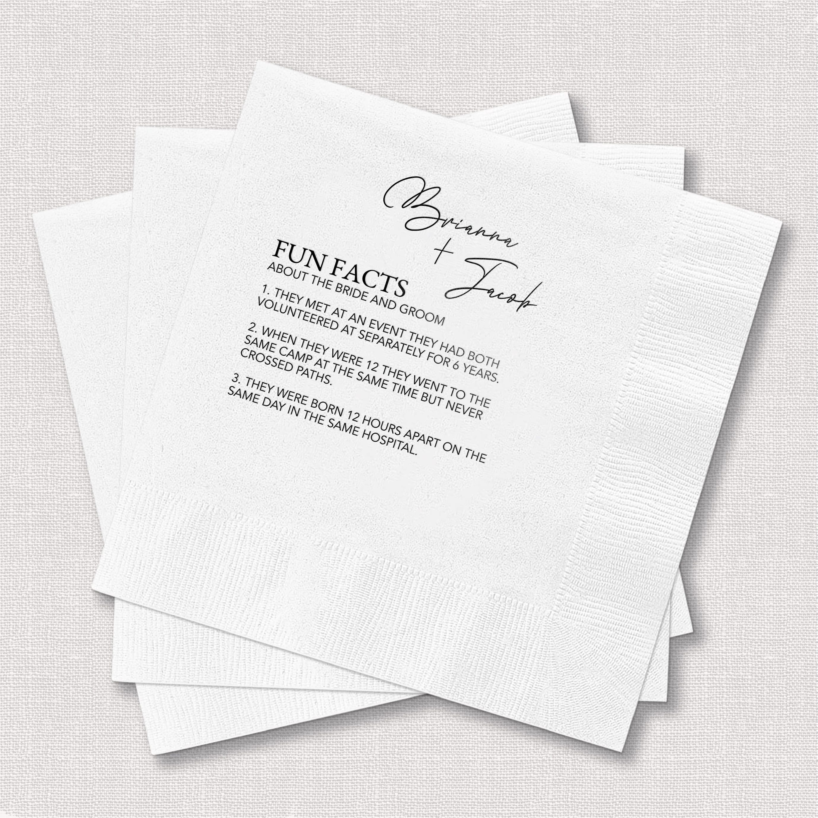 Reception Napkins with Fun Wedding Facts