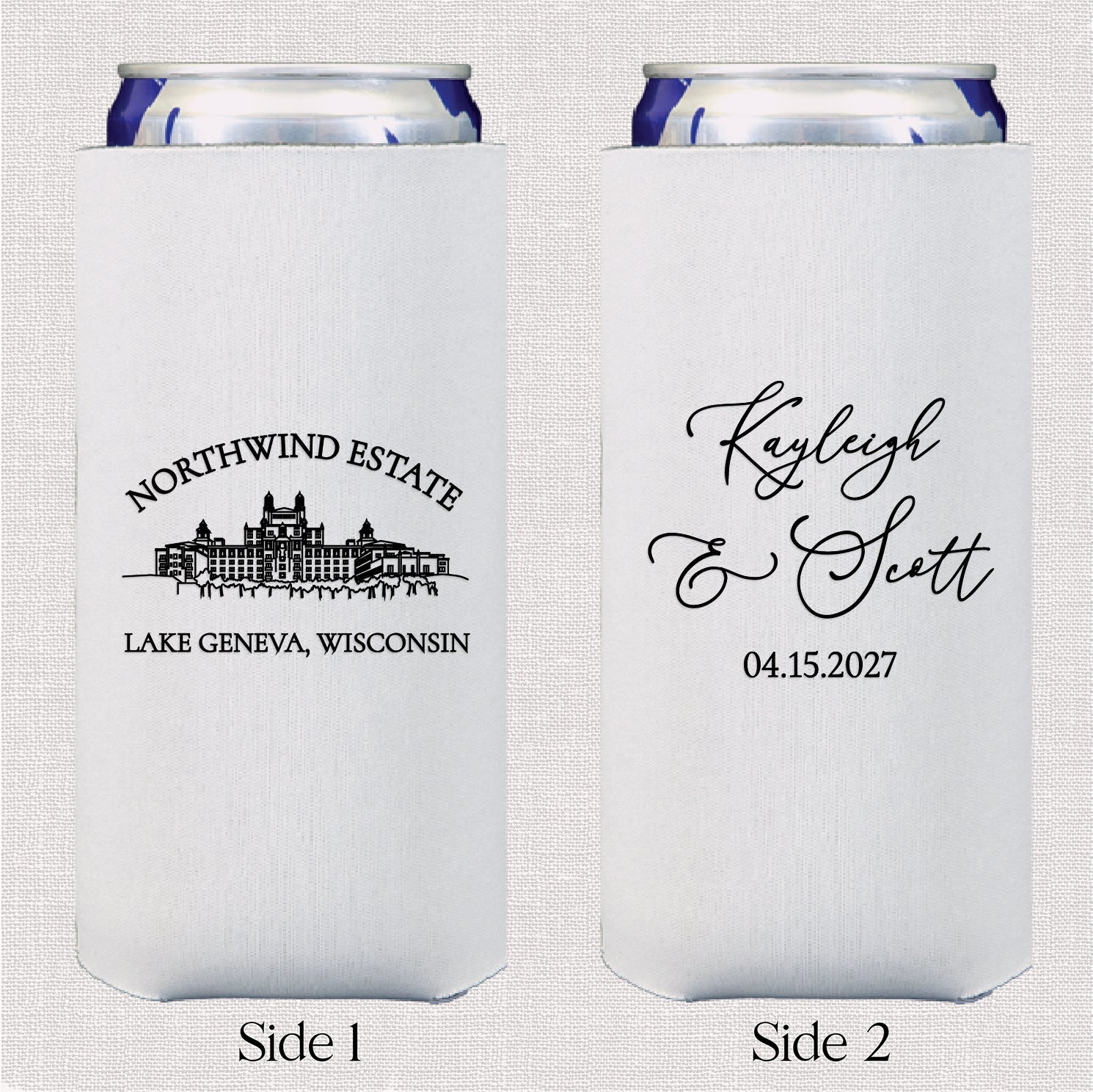 Personalized slim can coolers with venue line drawing wedding design displayed upright