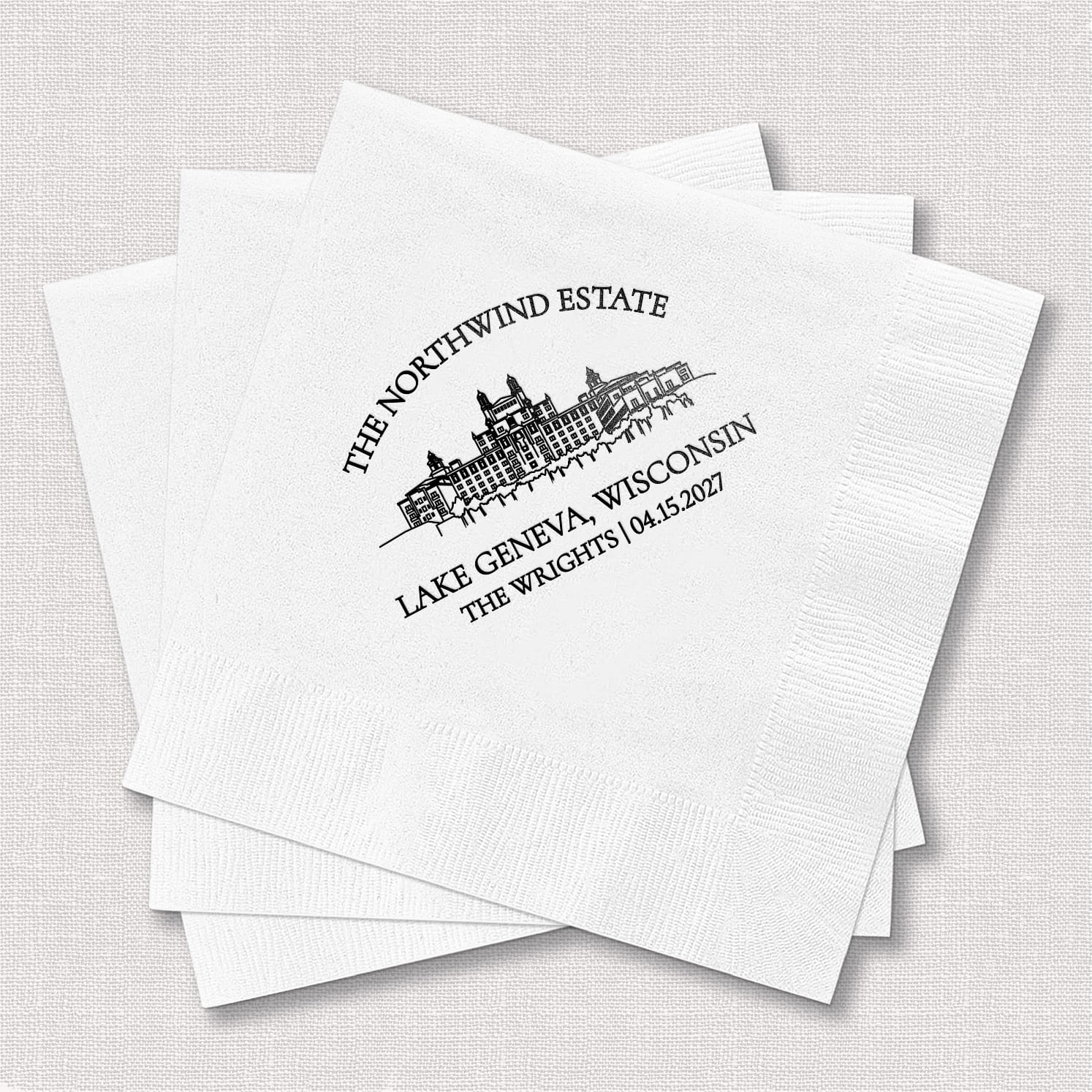 Venue Line Drawing personalized wedding cocktail napkins - web product photo showing custom venue illustration