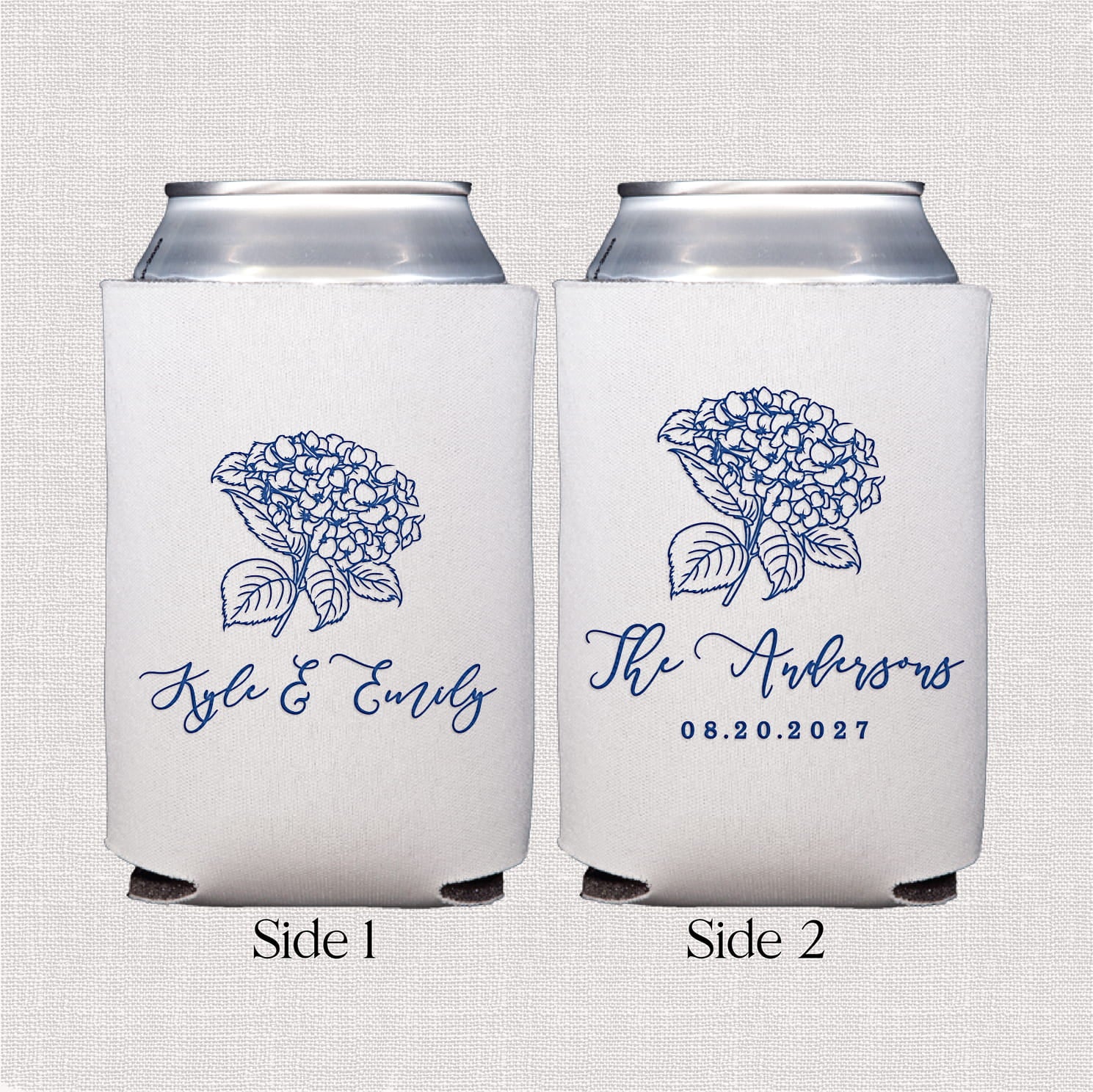 Product photo of a personalized neoprene can cooler from the Hydrangea Wedding Bundle, featuring a hydrangea floral design, designed to fit a standard 12 oz can.