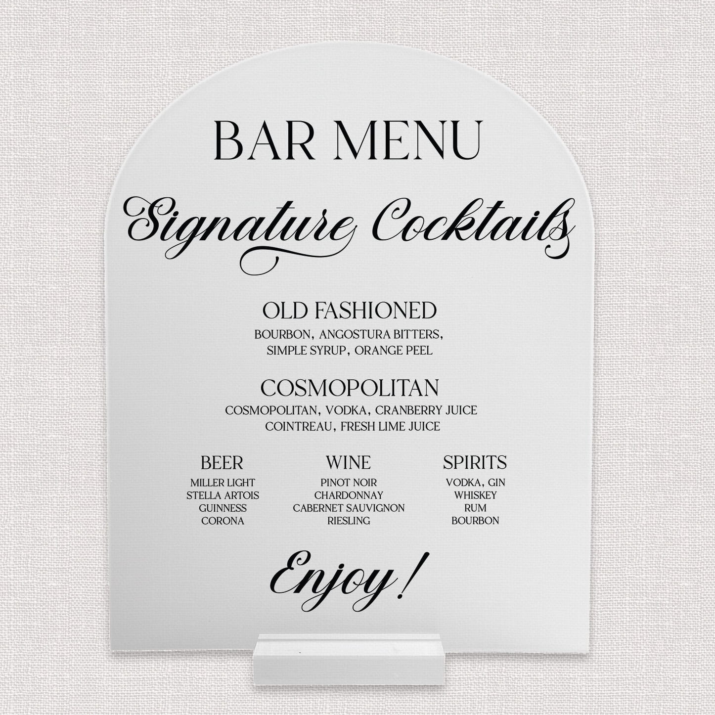 Venue sketch 8x10 frosted acrylic arch bar menu — wedding bar suite