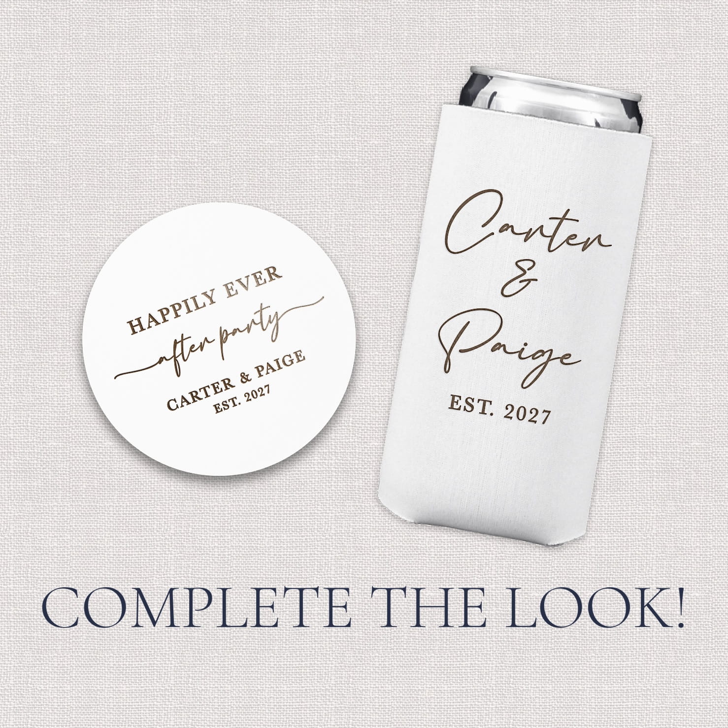 Optional add-on accessories for the Happily Ever After Wedding Bundle, featuring a slim can cooler and a round coaster with a coordinating design to complete the wedding weekend look.