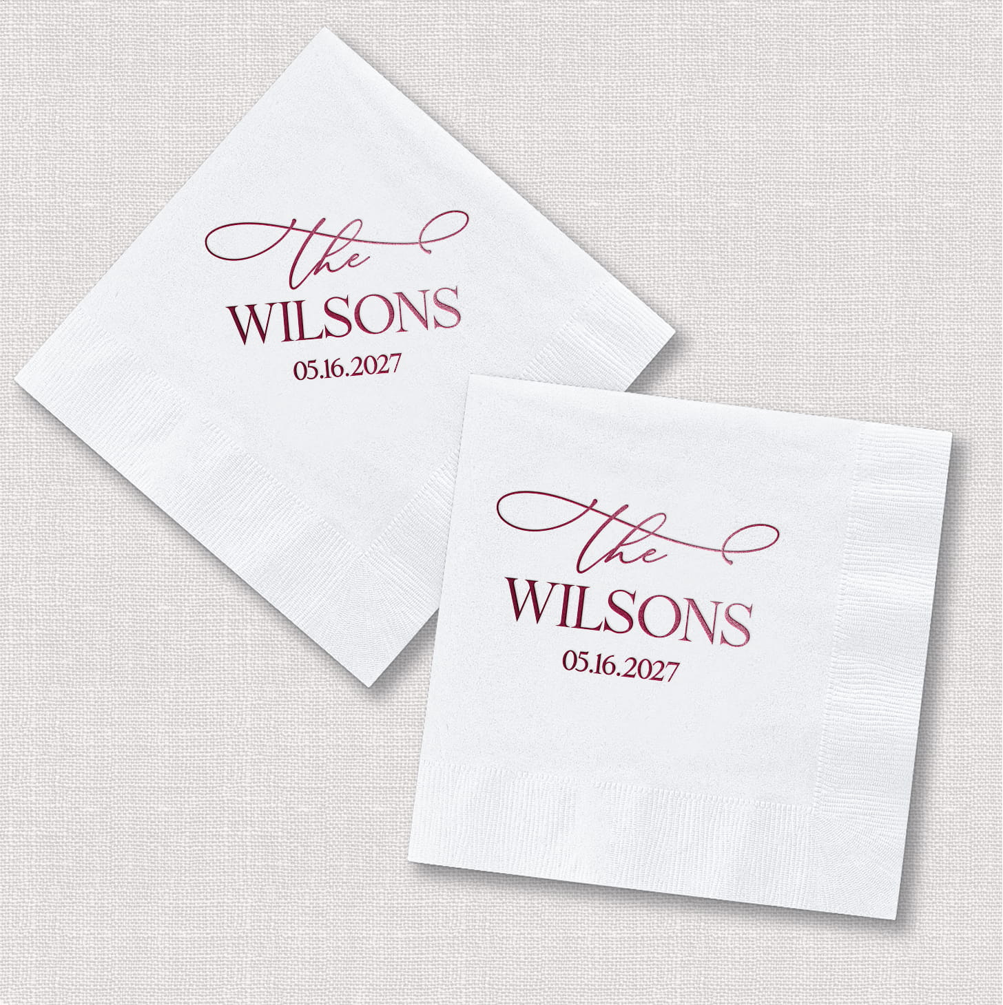 Personalized wedding bar items from The Elegant Last Name Complete Wedding Bar Suite arranged in a styled flat lay, showcasing coordinated design across all included pieces.