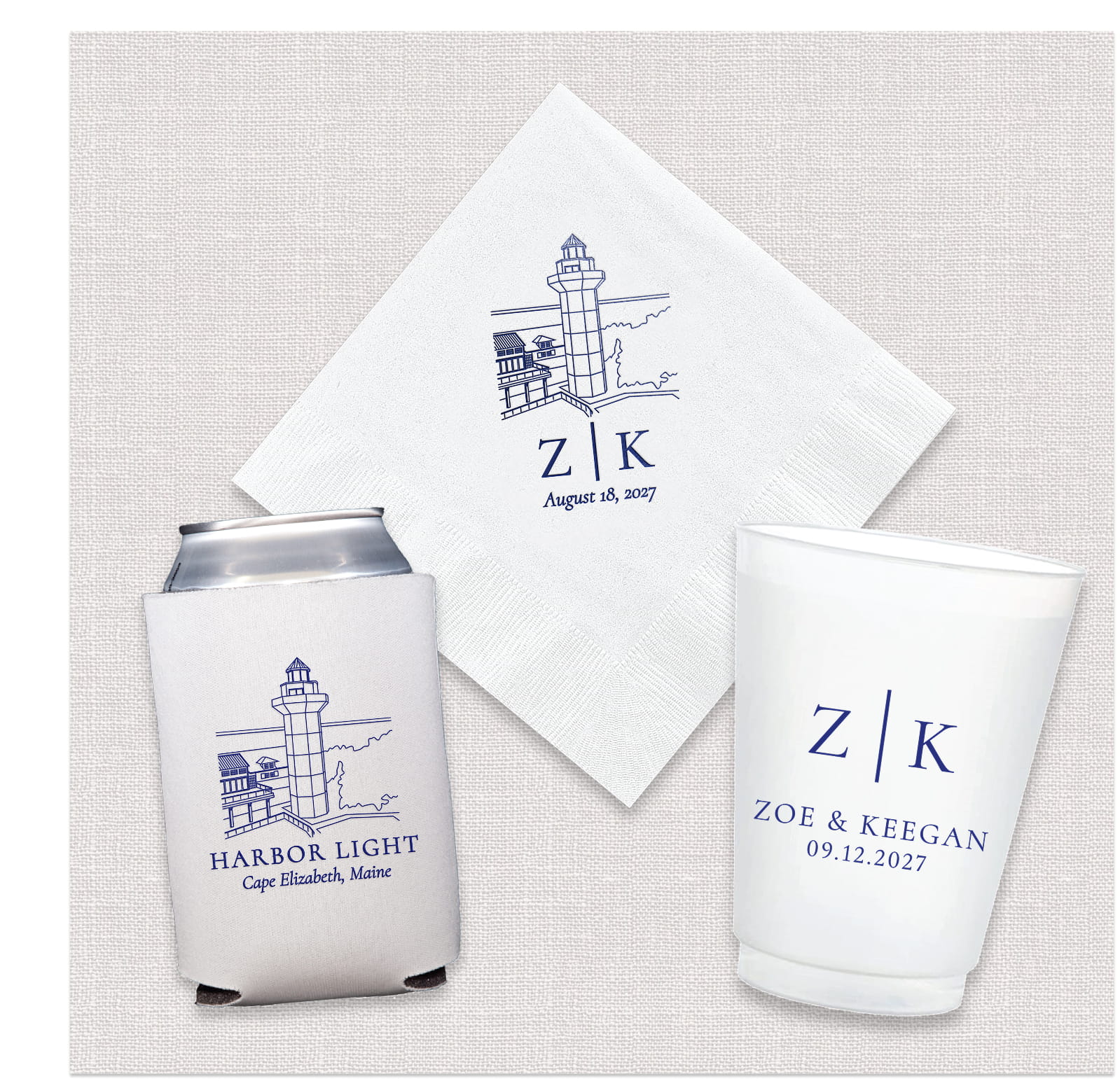 Venue Initials Wedding Signature Bundle - cocktail napkins, shatterproof cups, and can coolers displayed together