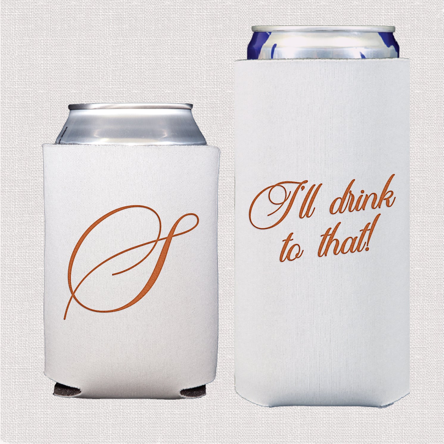 Classic monogram wedding bundle featuring personalized standard and slim can coolers with single initial monogram design
