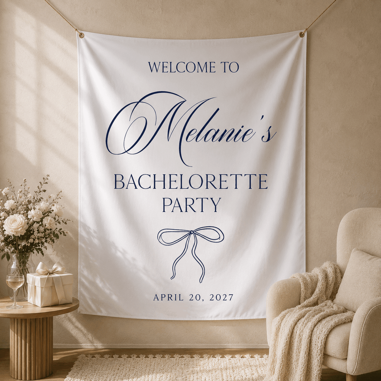 Personalized bachelorette party bow tapestry banner - Bow Design 2, custom name backdrop for bachelorette weekend