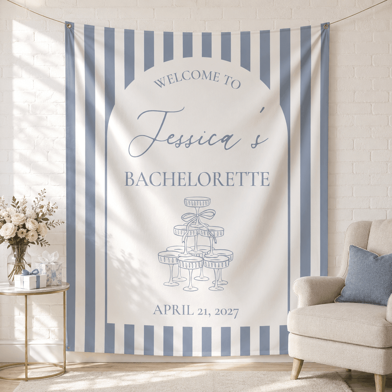 Personalized striped champagne tower bachelorette party tapestry banner - Design 3, custom name and date portrait backdrop