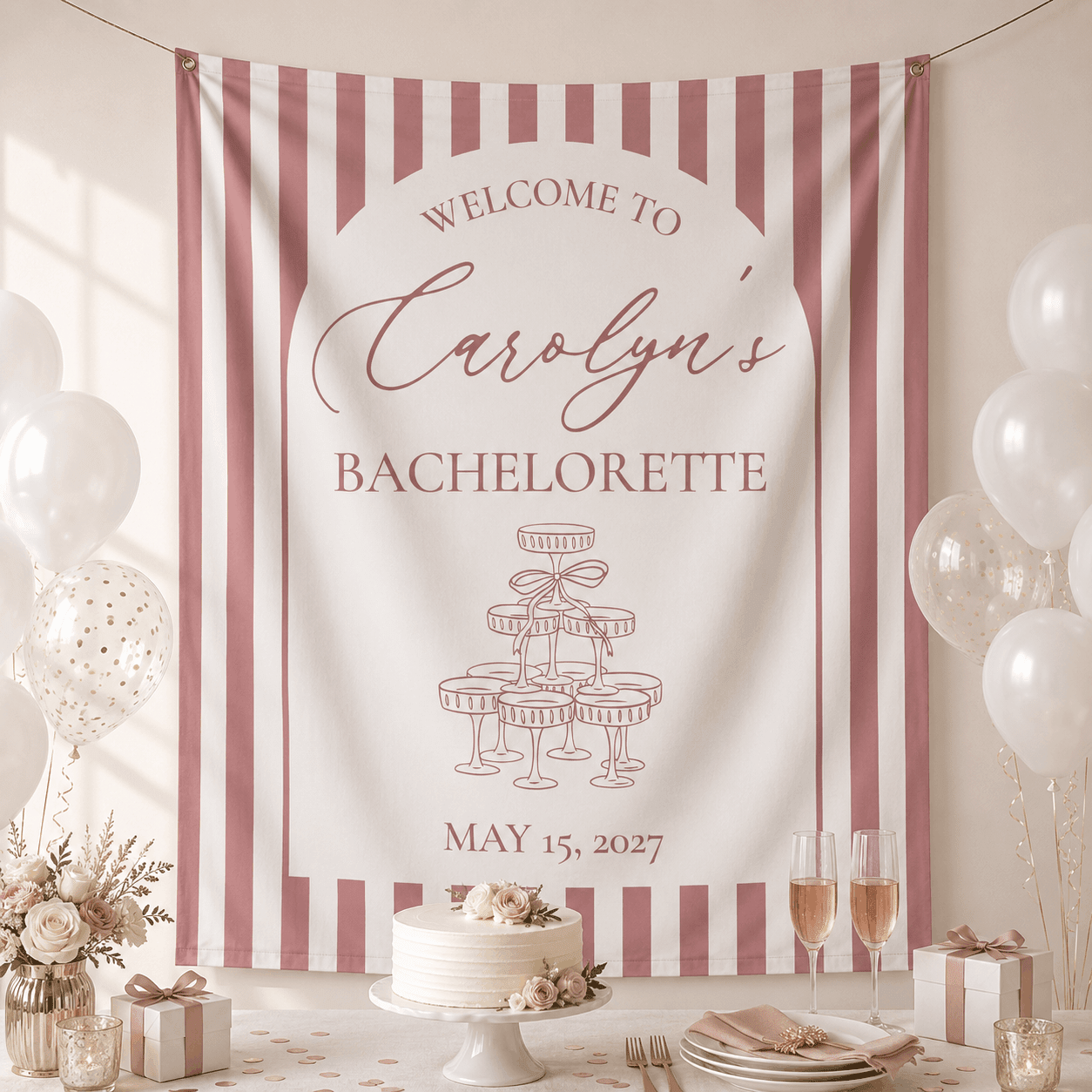 Personalized striped champagne tower bachelorette party tapestry banner - Design 4, custom name and date portrait backdrop