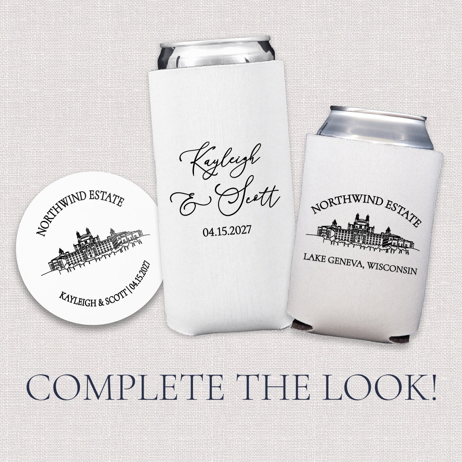 Complete the look upsell graphic showing coordinating venue line drawing wedding paper goods and drinkware collection
