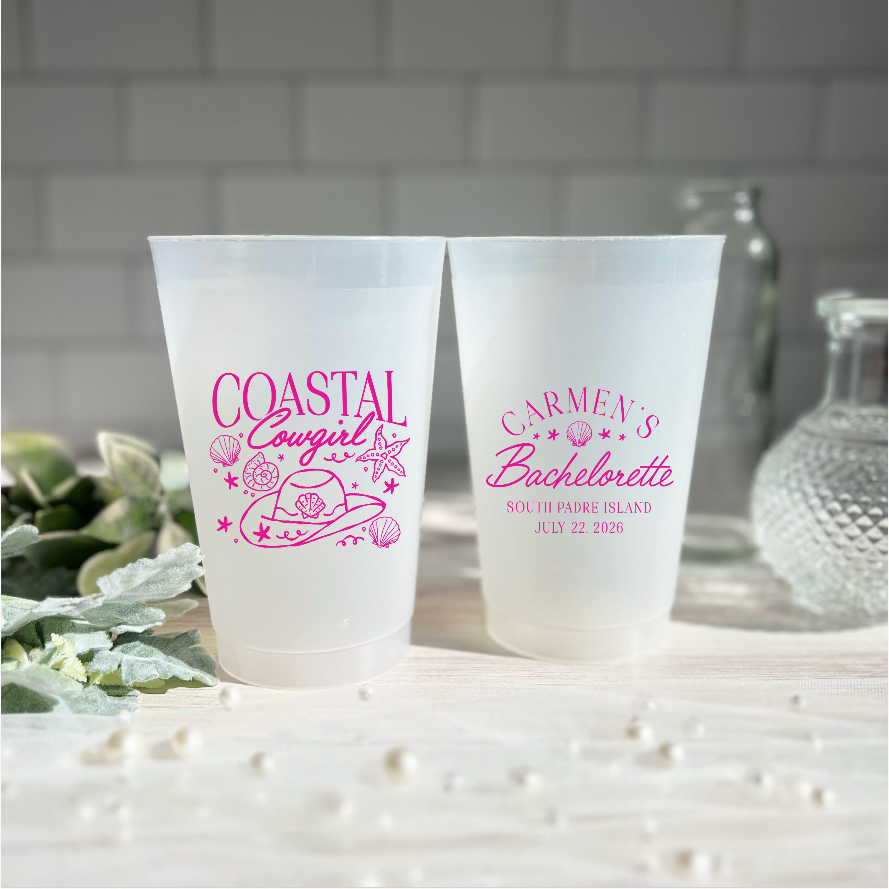 Coastal Cowgirl bachelorette cups in hot pink ink with seashell and cowboy hat design