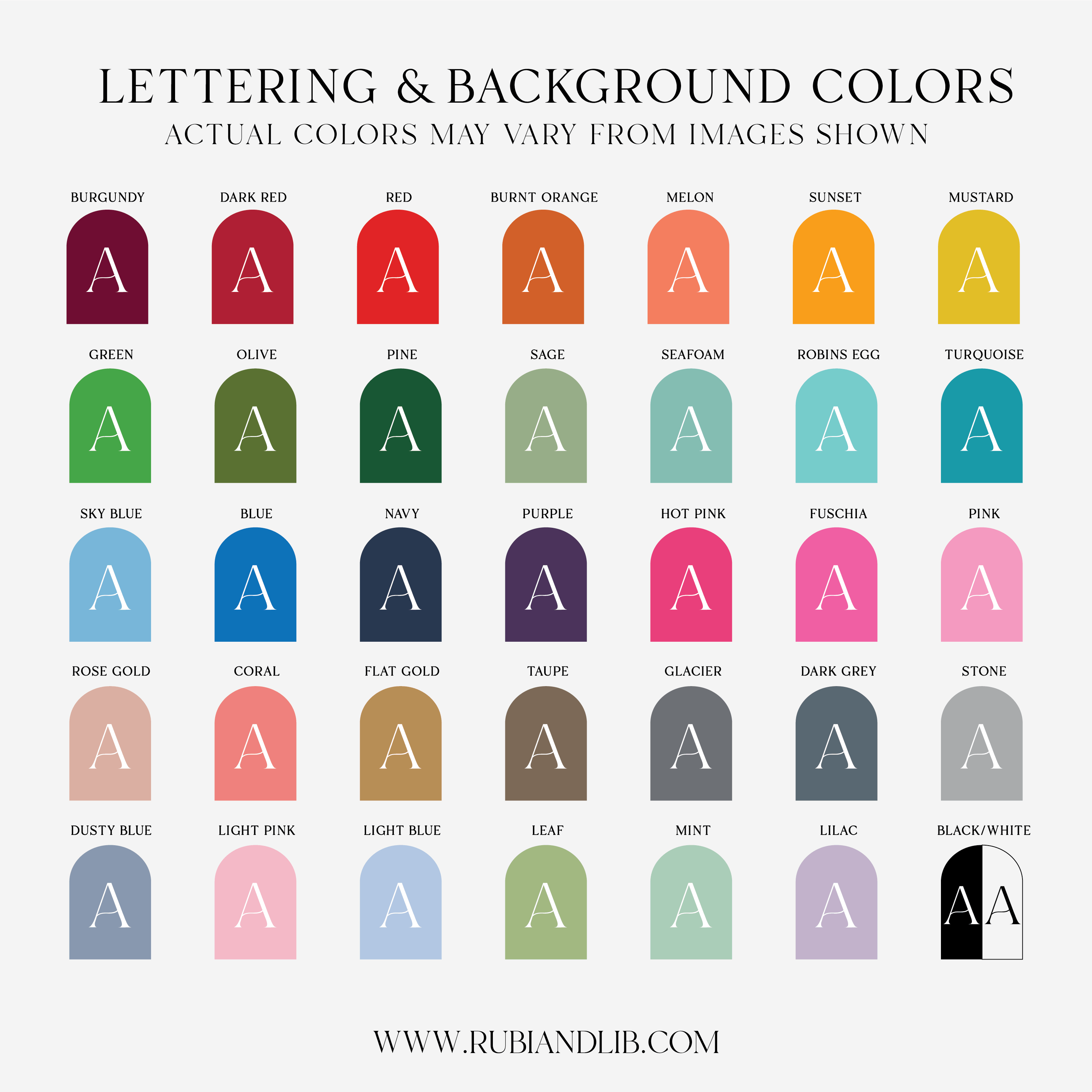 Color chart showing 35 lettering and background color options for custom acrylic wedding signs, including burgundy, sage, dusty blue, navy, coral, and light pink.