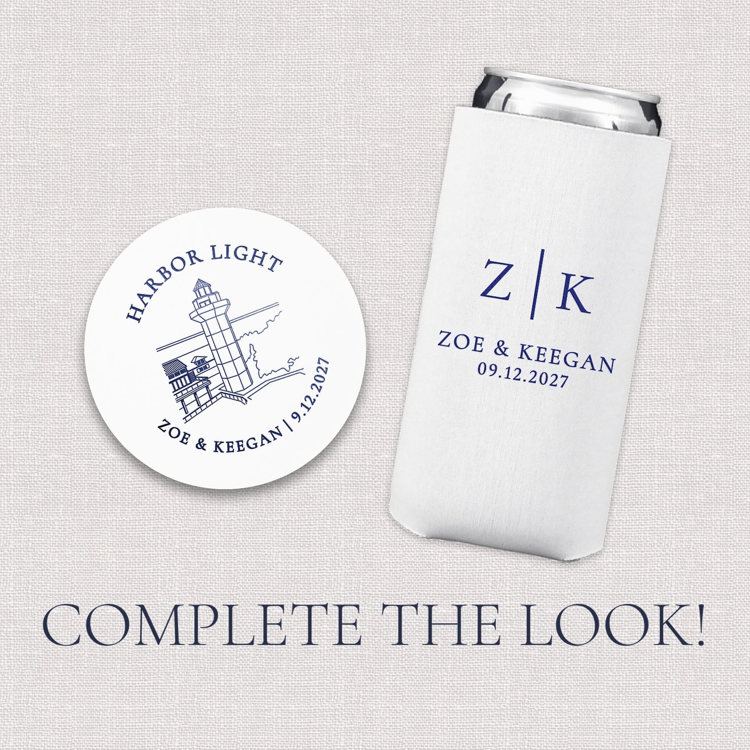 Venue Initials Wedding Bundle upsell photo showing slim can cooler and coaster add-on options