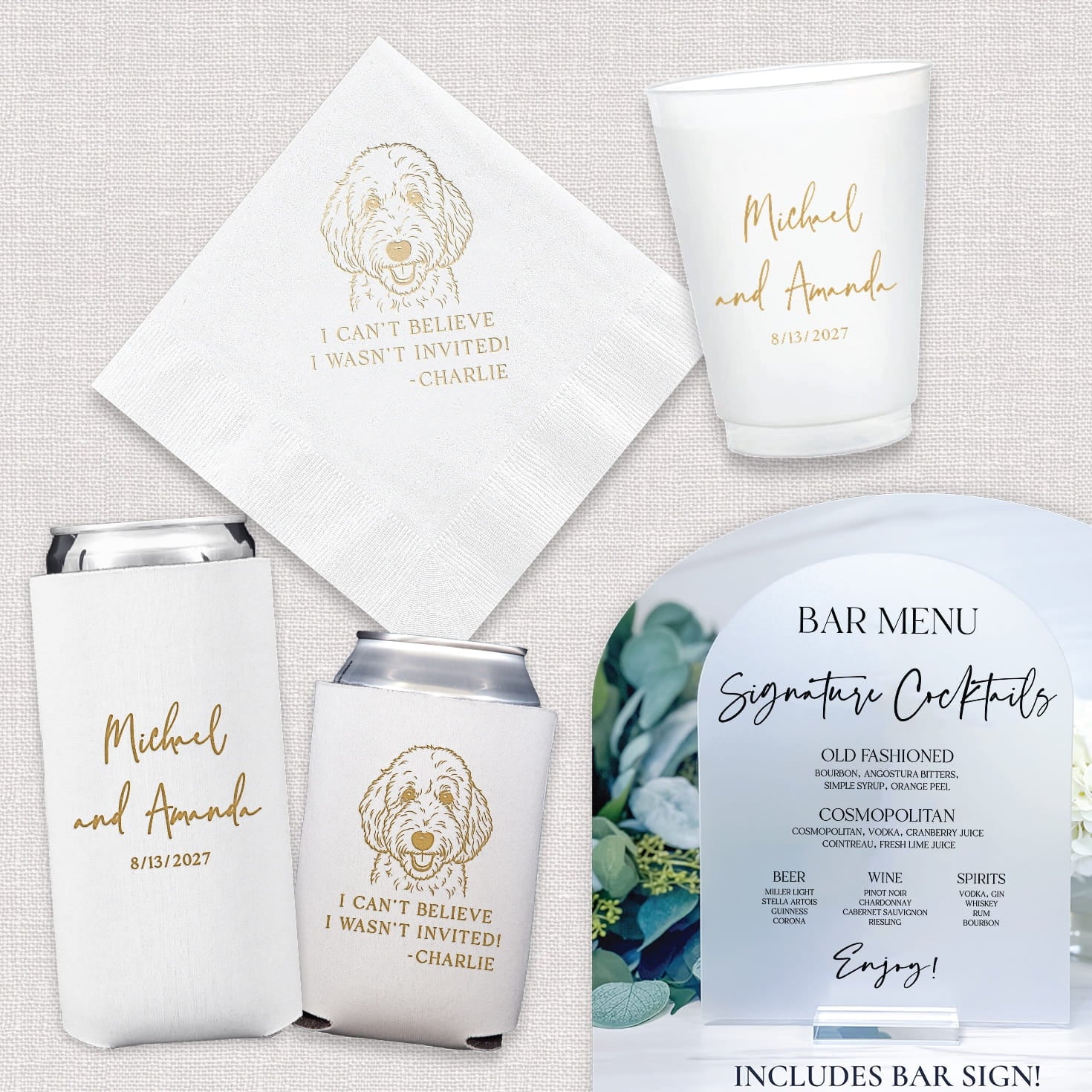 I Can't Believe I Wasn't Invited pet wedding bundle — complete bar suite with cocktail napkins, frosted cups, can coolers, and acrylic arch bar menu