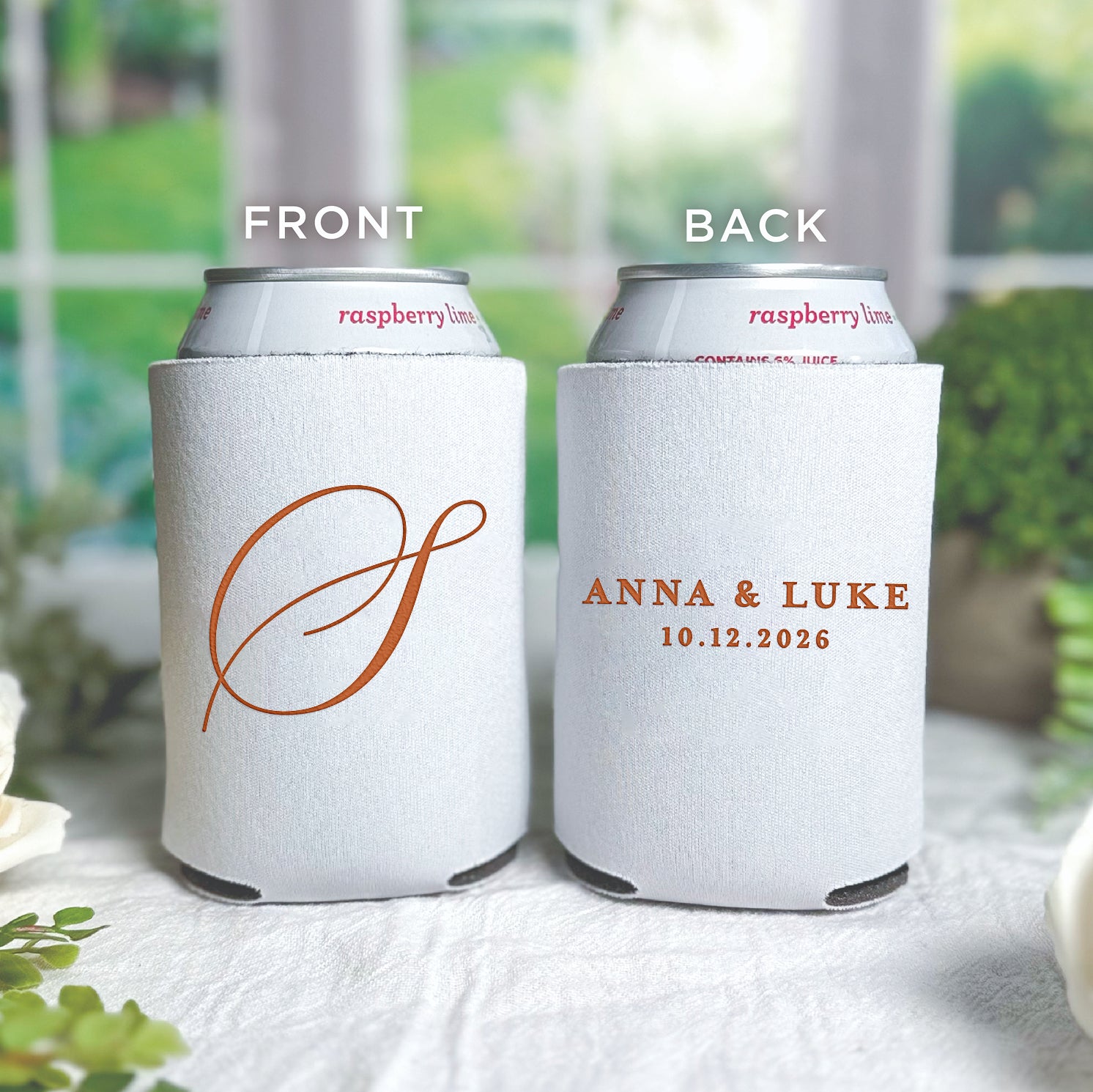 Personalized standard can coolers with classic monogram design showing couple's initial and wedding date