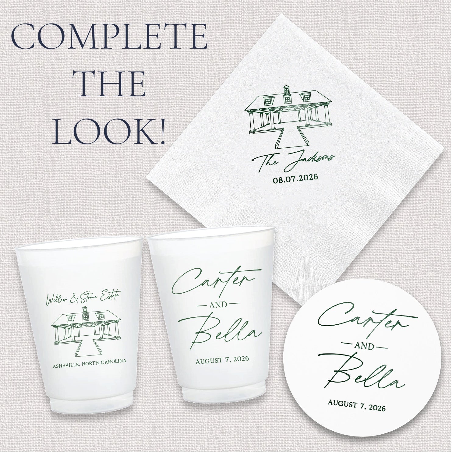 Complete the look upsell graphic showing coordinating venue stacked names wedding can coolers and accessories collection