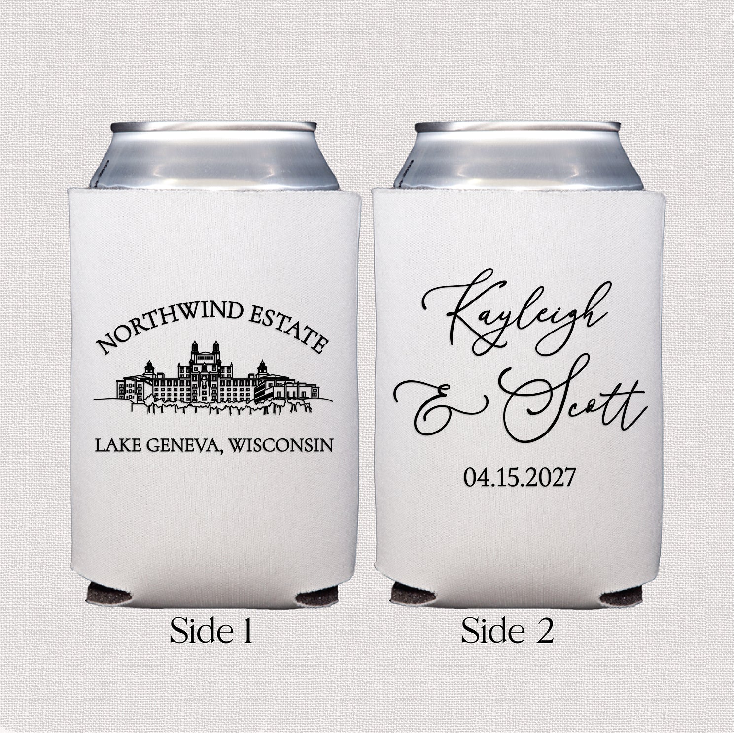 Personalized standard can coolers with venue line drawing wedding design displayed upright