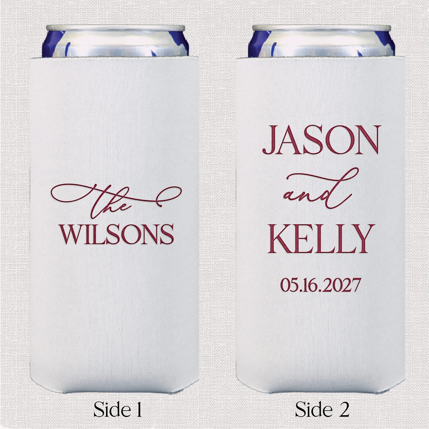 Product photo of a personalized slim neoprene can cooler from The Elegant Last Name Complete Wedding Bar Suite, designed to fit a slim 12 oz can.