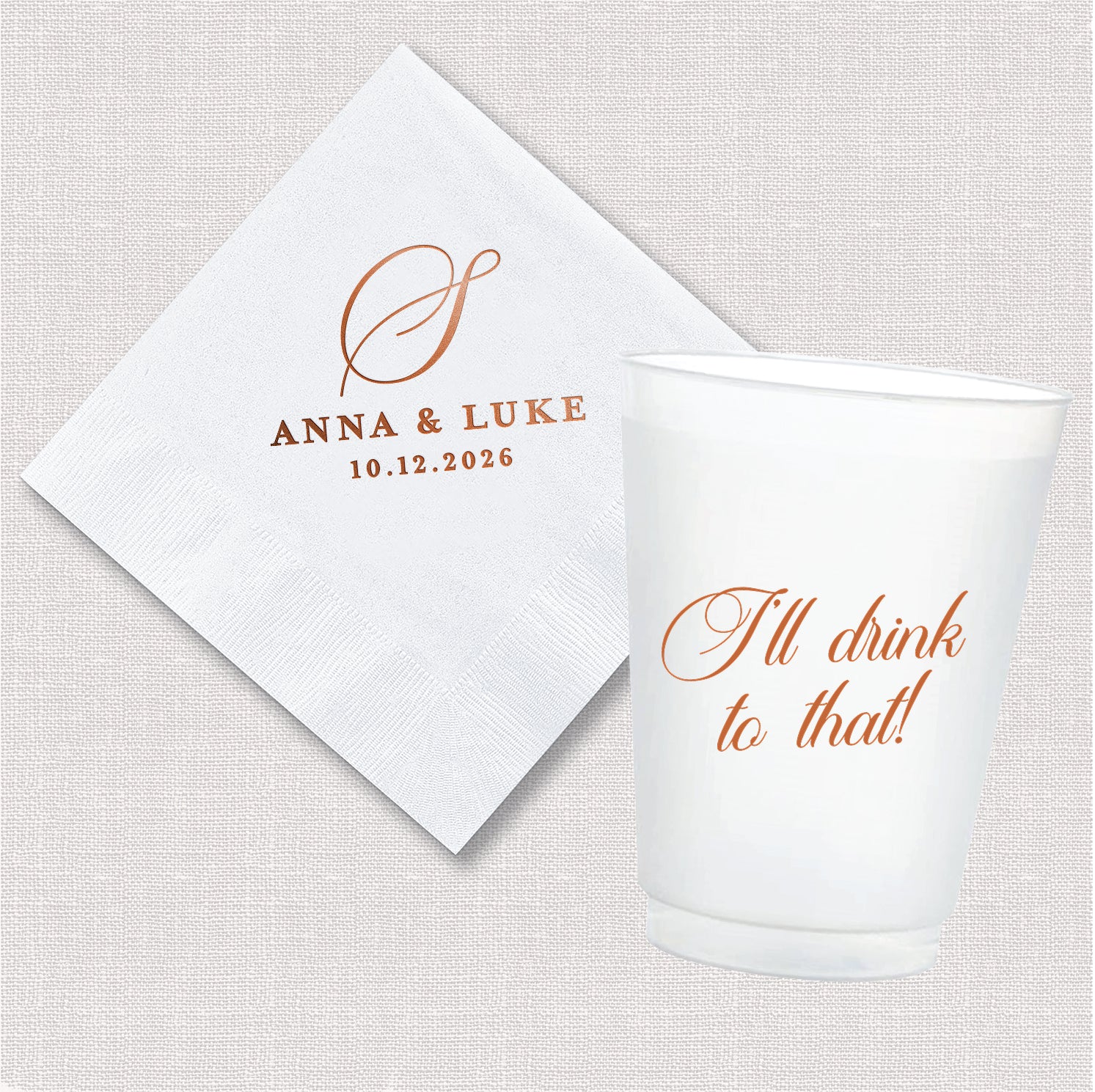 Classic monogram wedding bundle featuring personalized cocktail napkin and frosted shatterproof cup with single initial monogram design