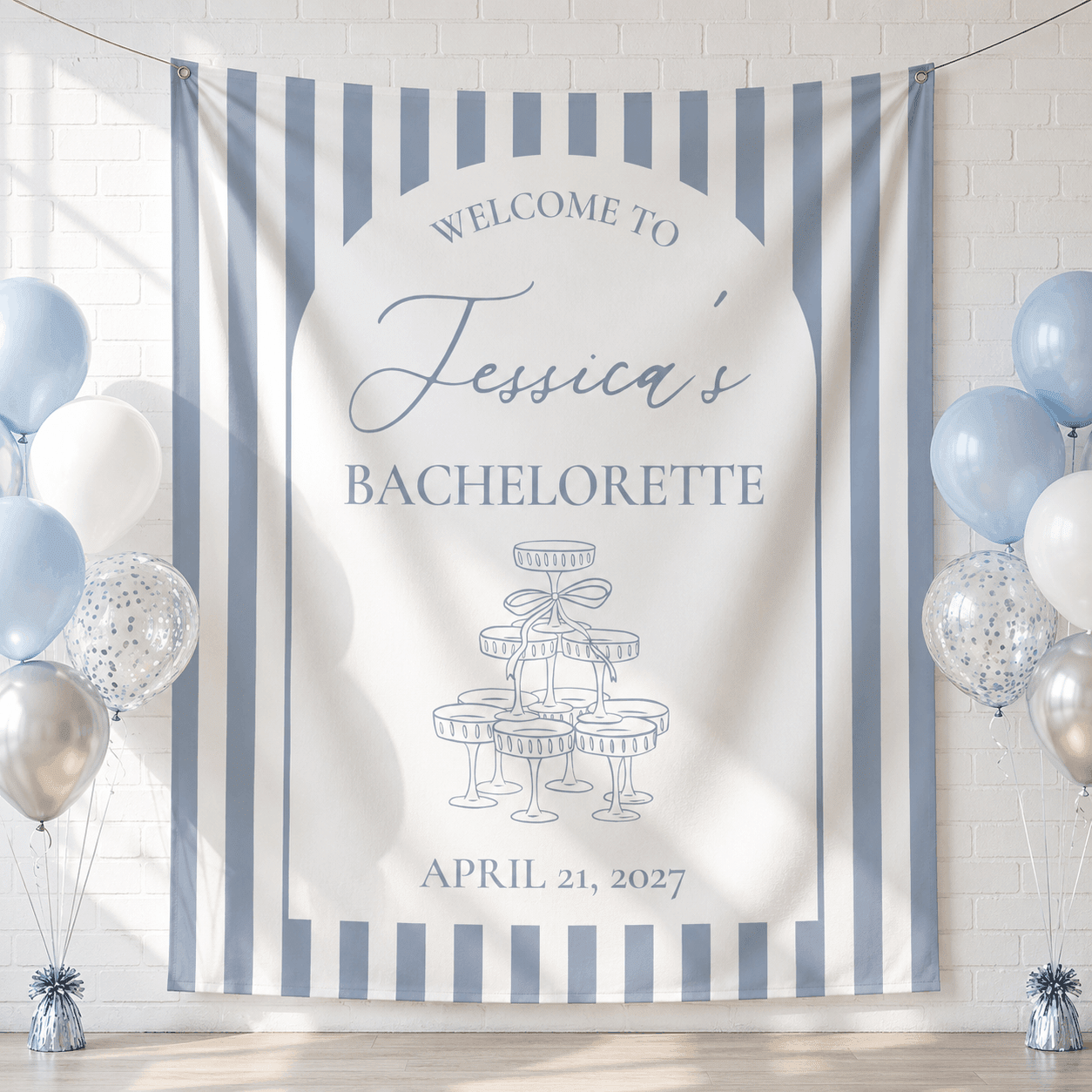 Personalized striped champagne tower bachelorette party tapestry banner - Design 2, custom name and date portrait backdrop