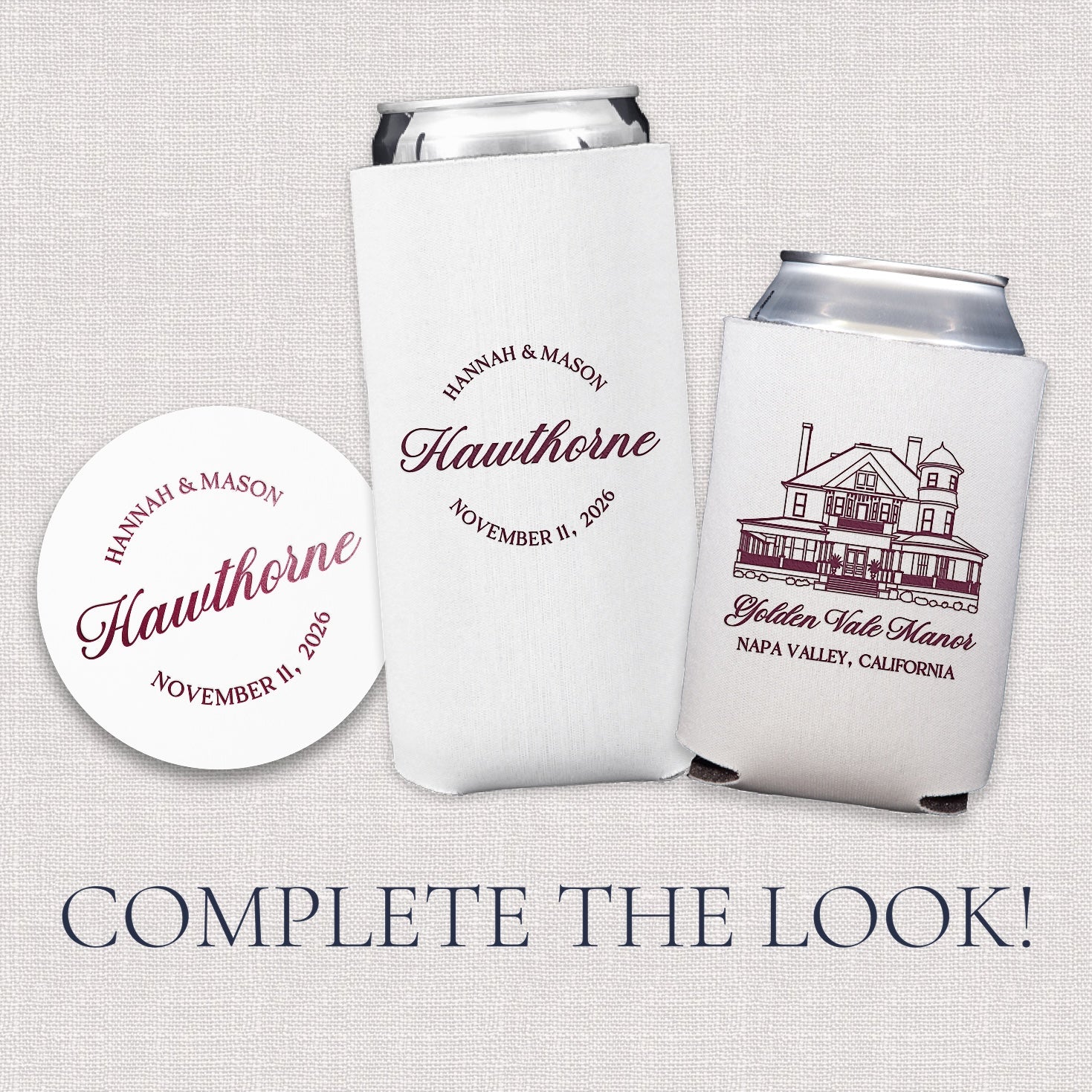 Complete the look upsell graphic showing coordinating venue sketch wedding paper goods and drinkware collection