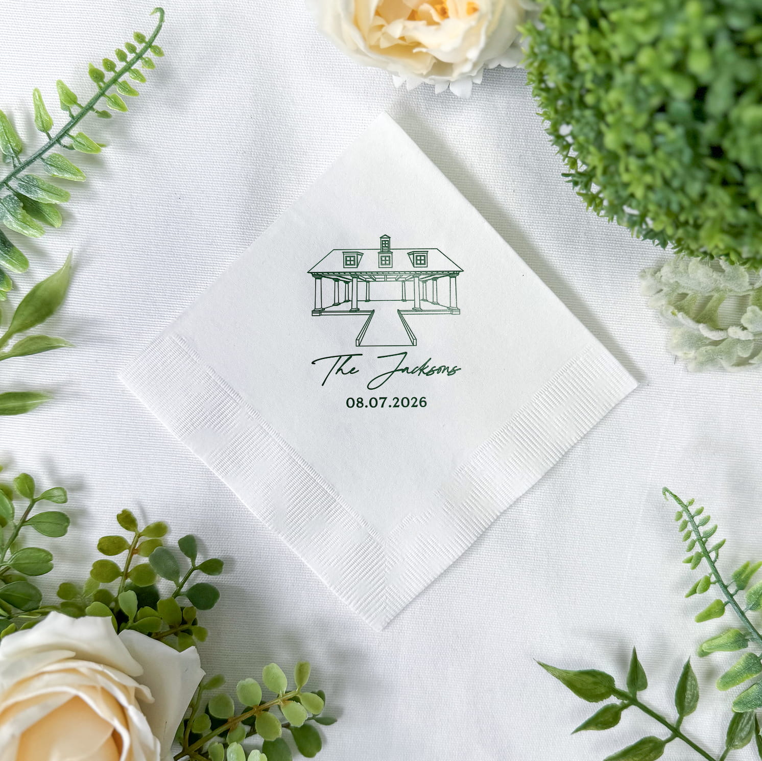 Venue stacked names cocktail napkins real photo — personalized wedding napkins