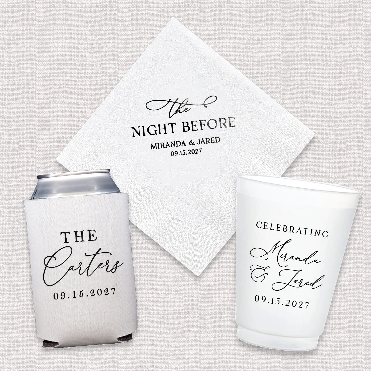A complete Night Before wedding bundle featuring personalized cocktail napkins, frosted shatterproof cups, and neoprene can coolers, displayed together as a coordinated set for pre-wedding celebrations.