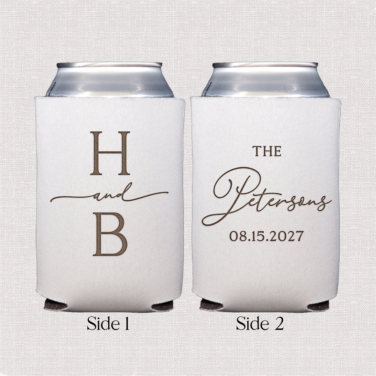 Personalized standard can coolers with modern initial monogram wedding design displayed upright