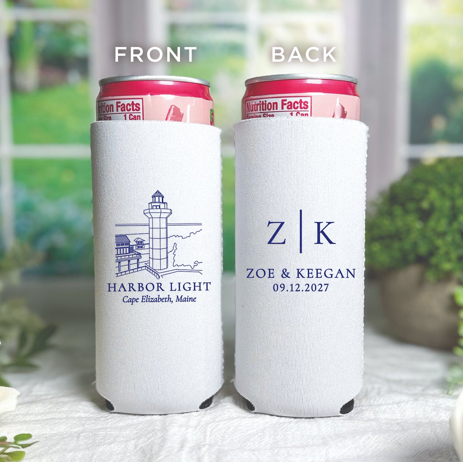 Personalized slim can coolers with venue initials design showing couple's initials and venue line drawing