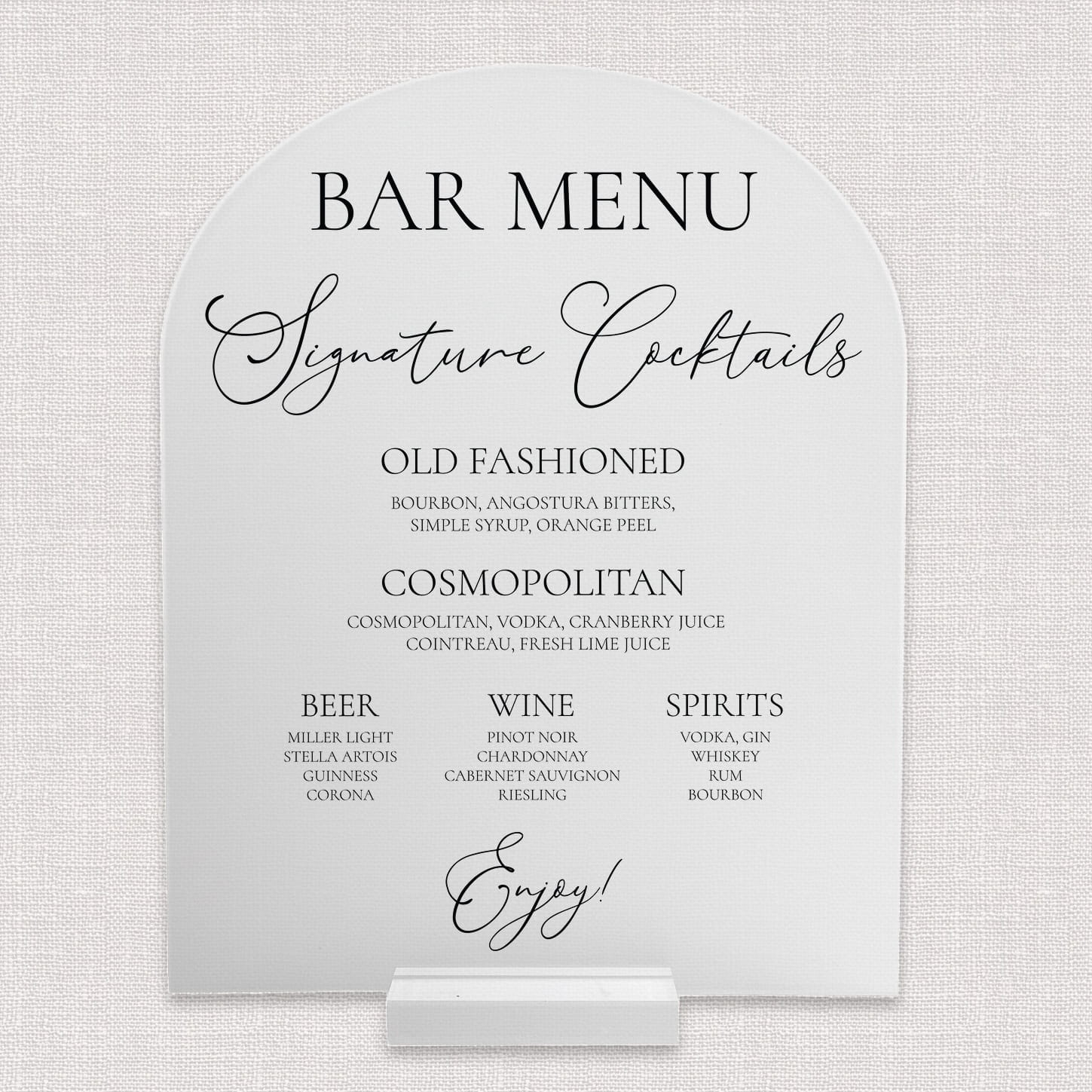 Venue line drawing 8x10 frosted acrylic arch bar menu — wedding bar suite