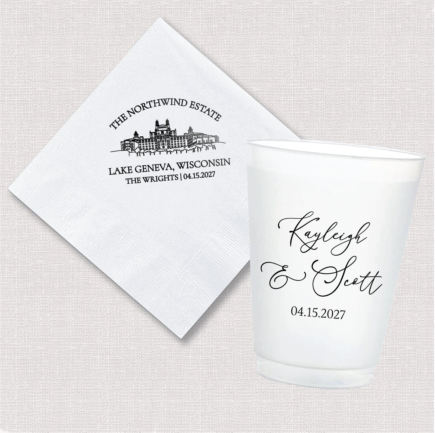 Venue line drawing wedding bundle featuring personalized cocktail napkin and frosted shatterproof cup with venue initials design