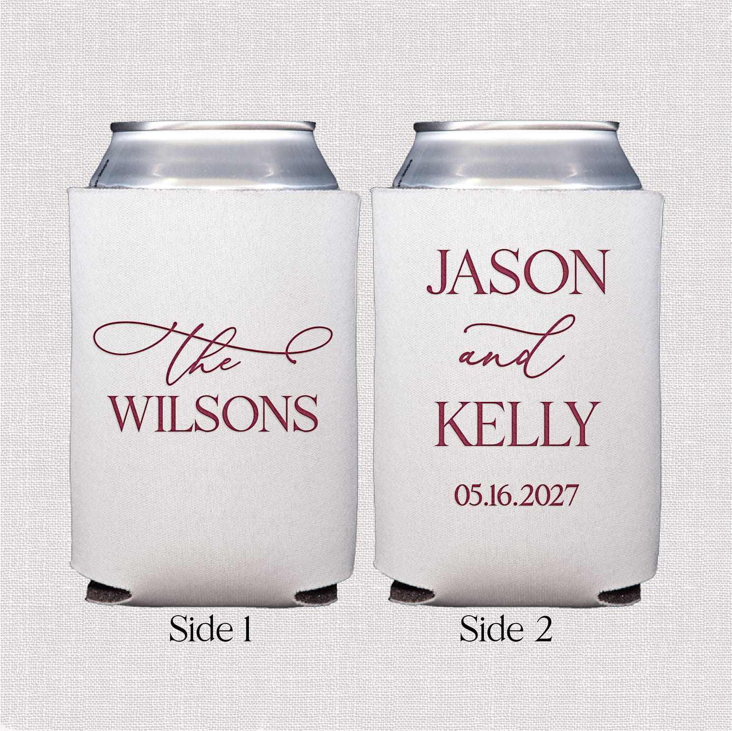 Product photo of a personalized standard neoprene can cooler from The Elegant Last Name Complete Wedding Bar Suite, sized to fit a standard 12 oz can.
