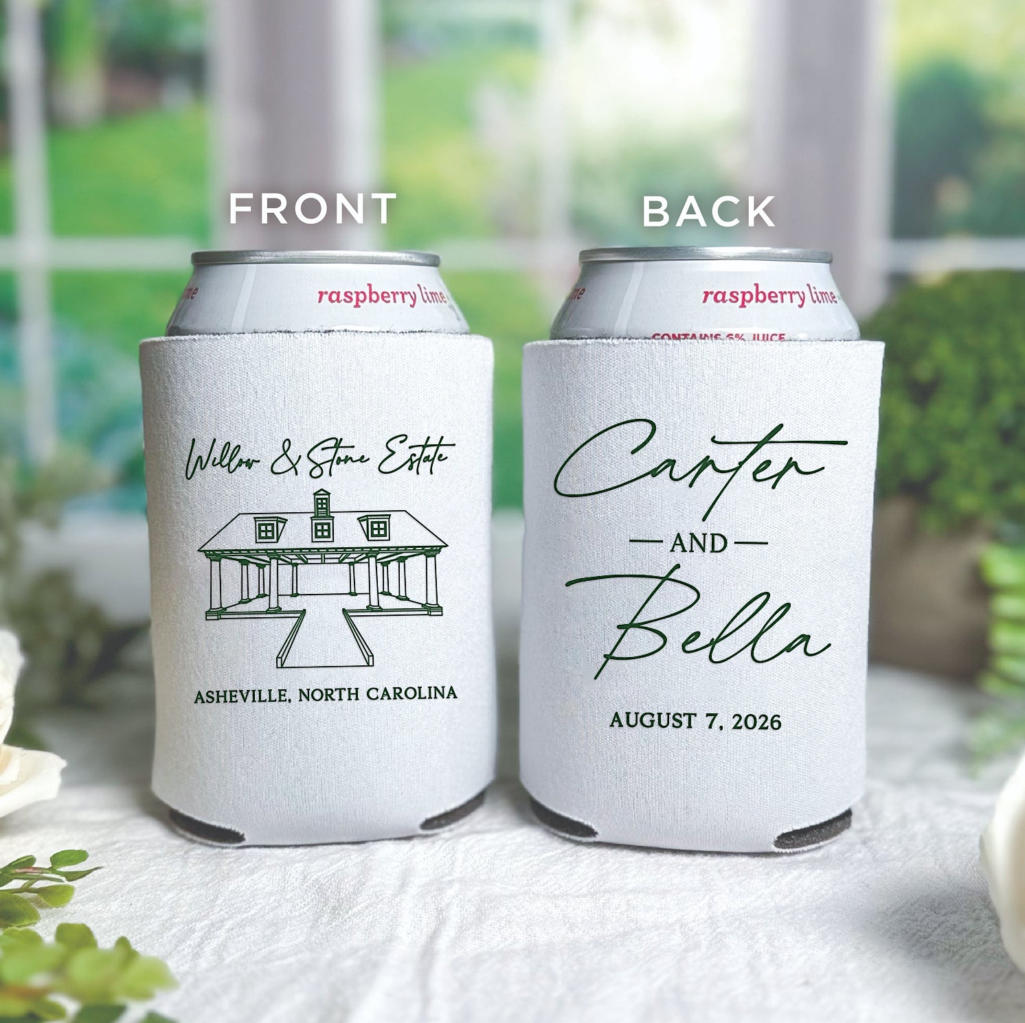 Personalized standard can coolers with venue stacked names design showing couple's names and venue illustration