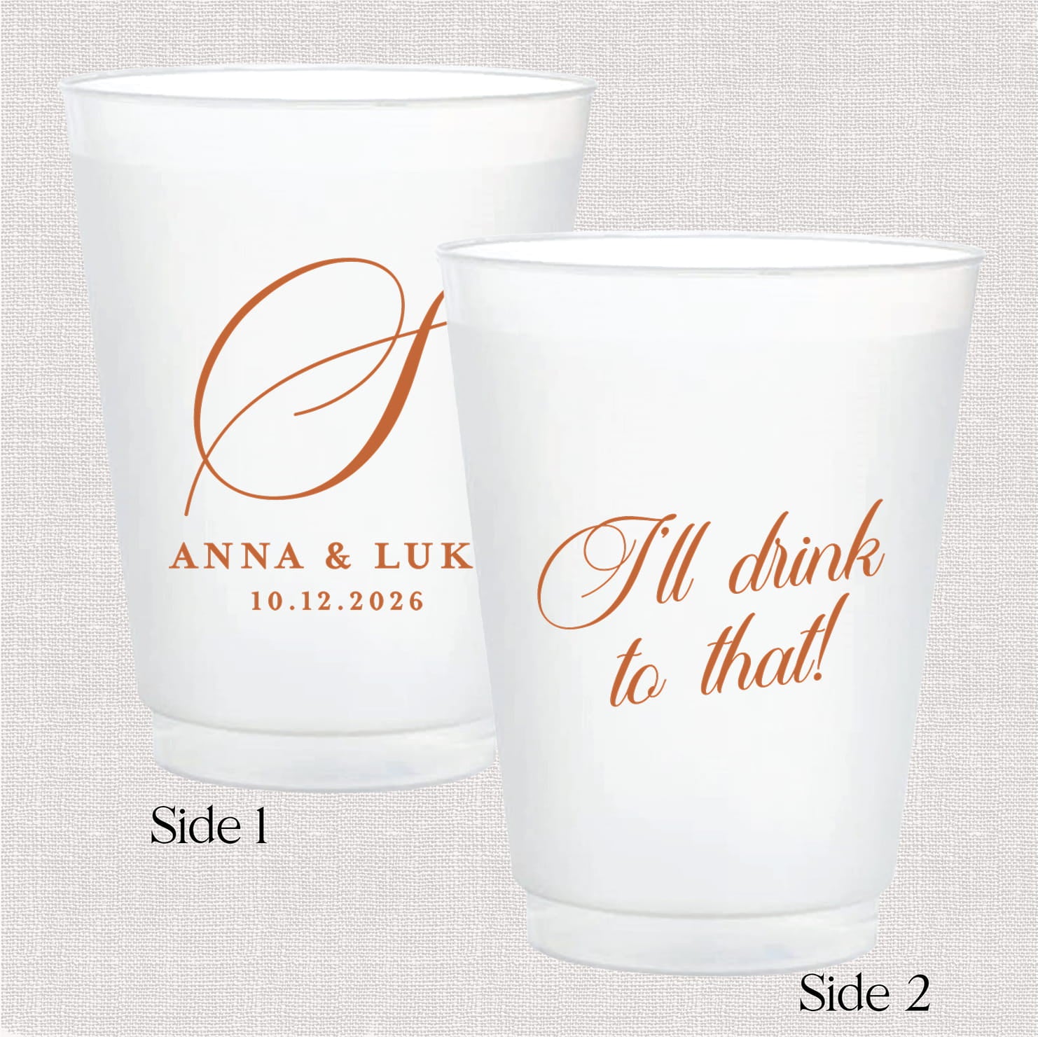 Product photo of a 16-oz frosted shatterproof plastic cup from the Classic Monogram Wedding Bundle, personalized with a classic monogram design, BPA-free and dishwasher safe.
