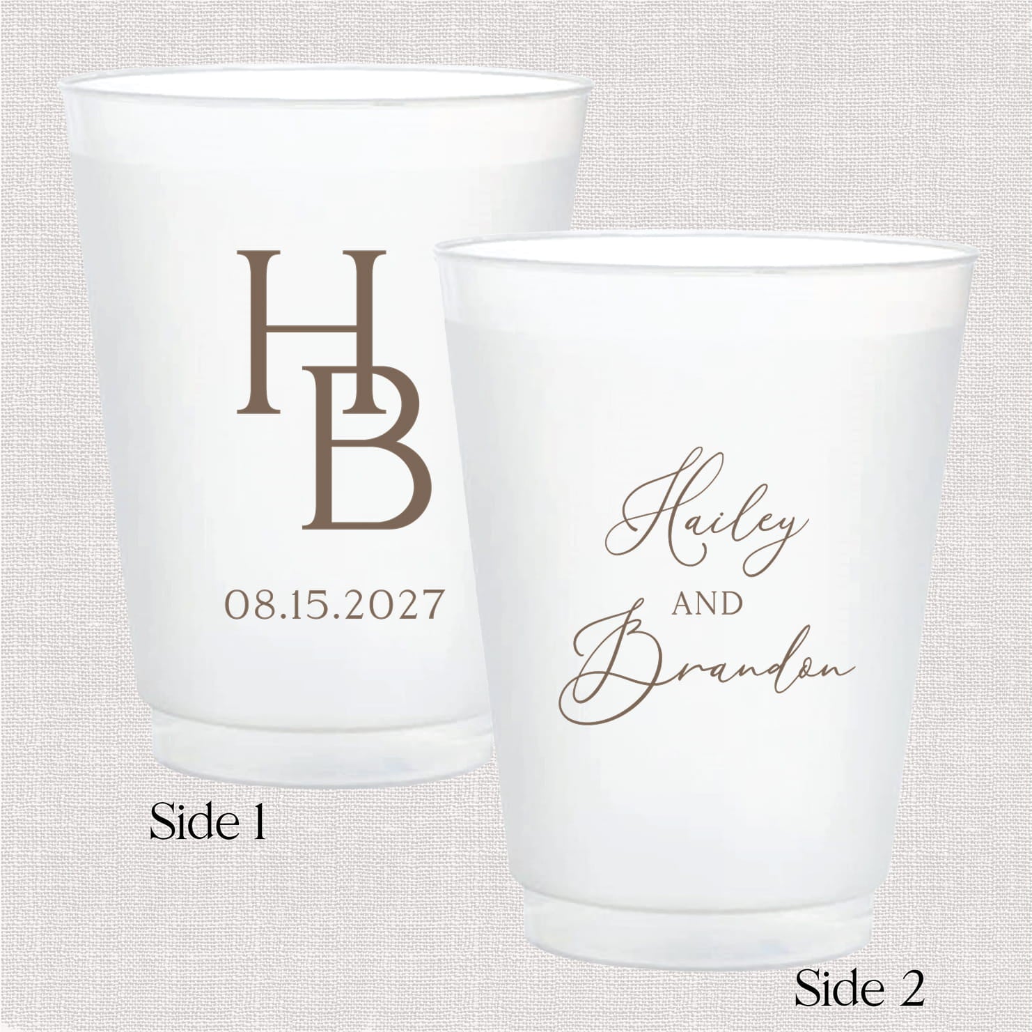 Modern initial 16 oz frosted shatterproof cups — personalized wedding cups