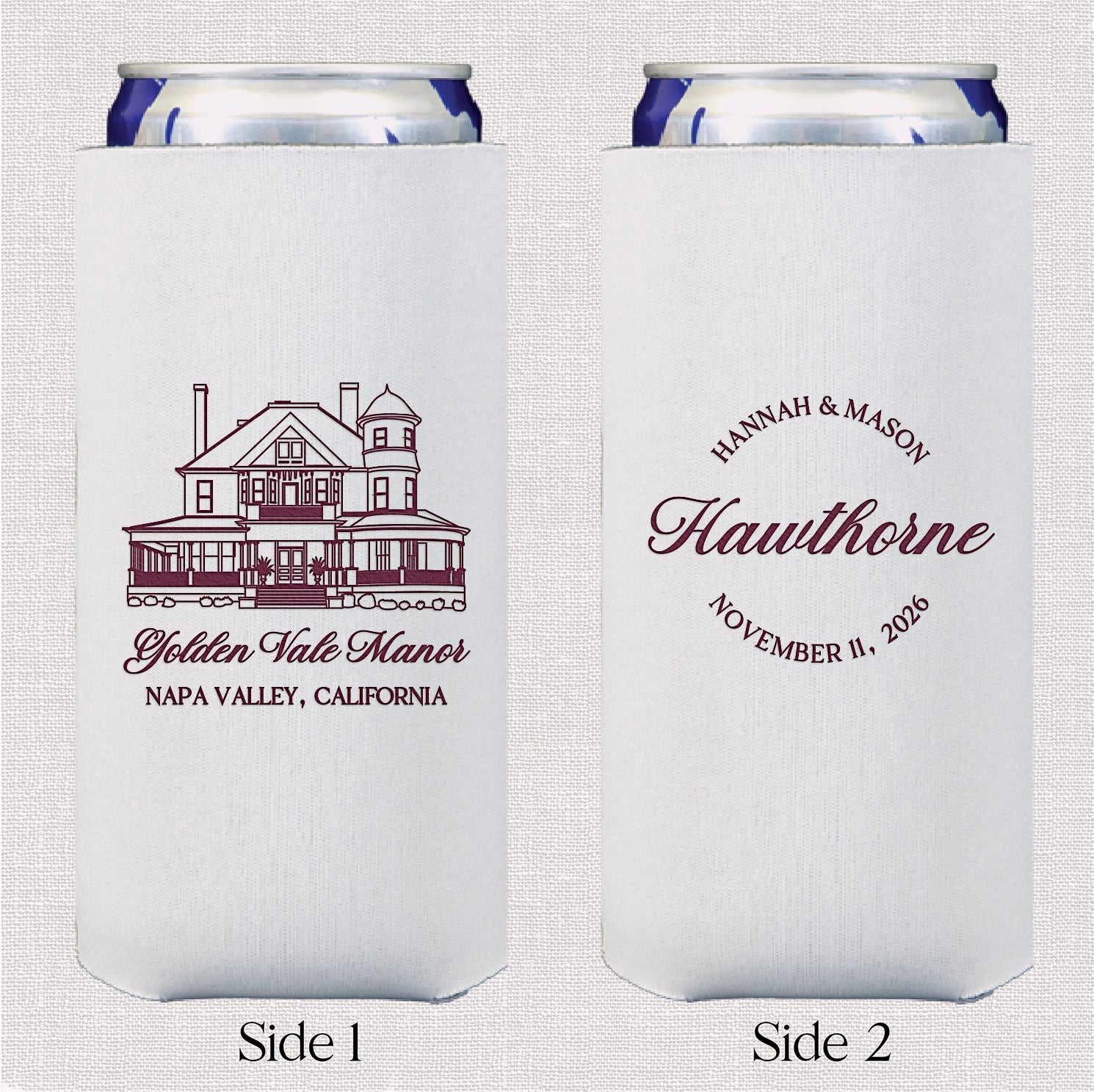 Personalized slim can coolers with venue sketch wedding design displayed upright