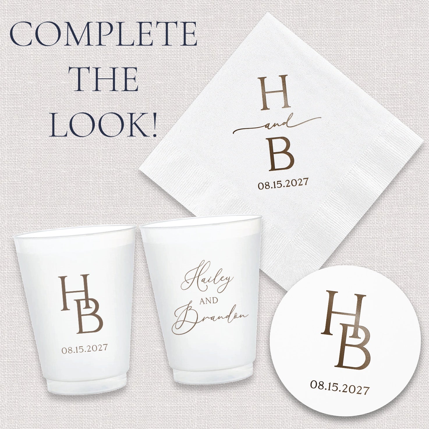 Complete the look upsell graphic showing coordinating modern initial wedding can coolers and accessories collection