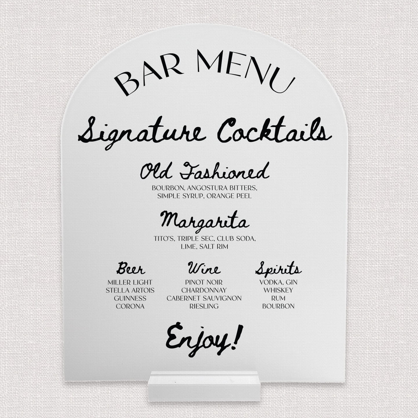 Cheers to Love 8x10 frosted acrylic arch bar menu — wedding bar suite