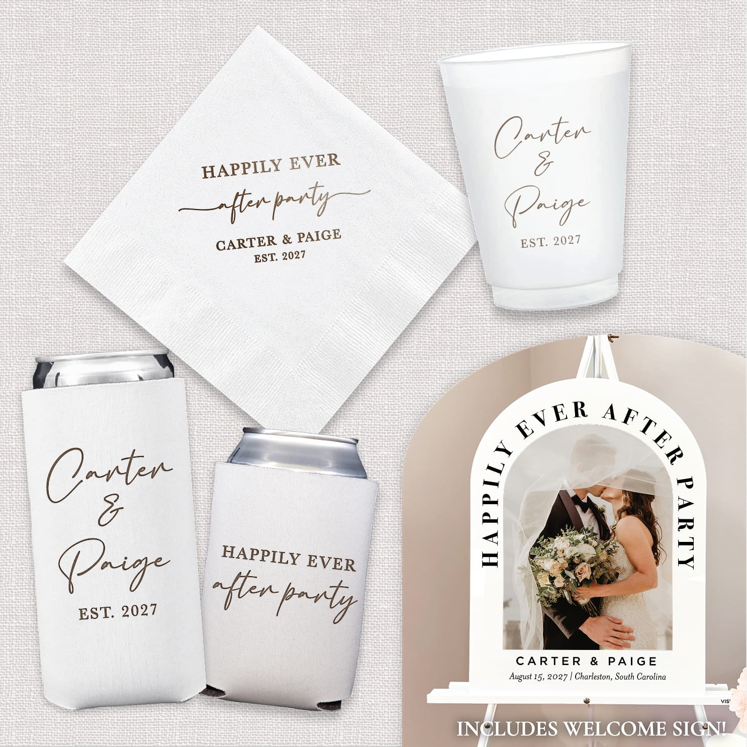 Happily Ever After Luxe Wedding Bundle — complete suite with cocktail napkins, frosted cups, can coolers, and arch photo welcome sign
