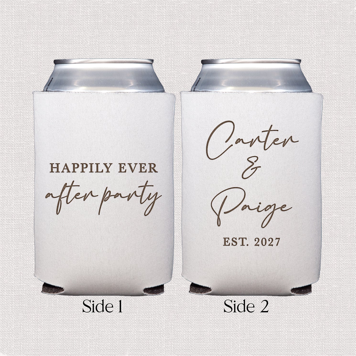 Personalized standard can coolers with happily ever after wedding design displayed upright