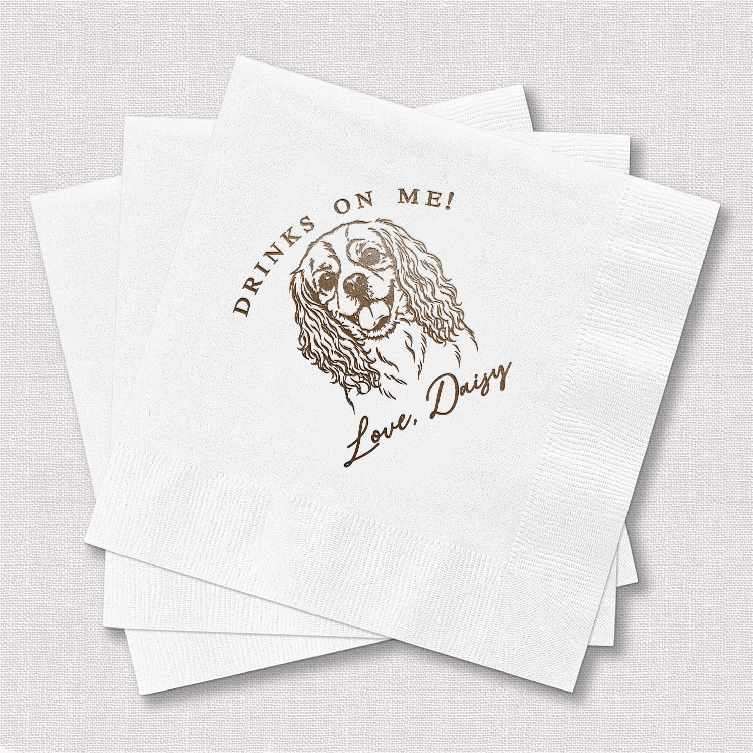 Drinks on Me pet-themed cocktail napkins — personalized wedding napkins with dog or cat design