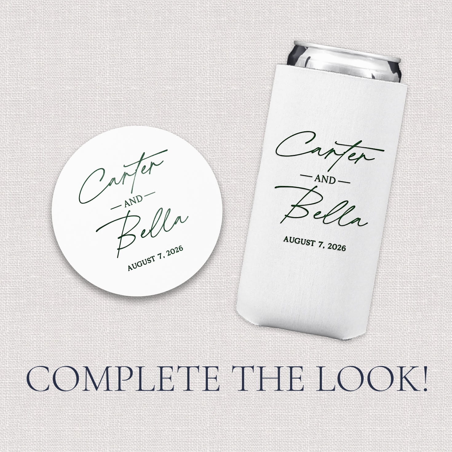 Venue Stacked Names Wedding Bundle upsell photo showing slim can cooler and coaster add-on options