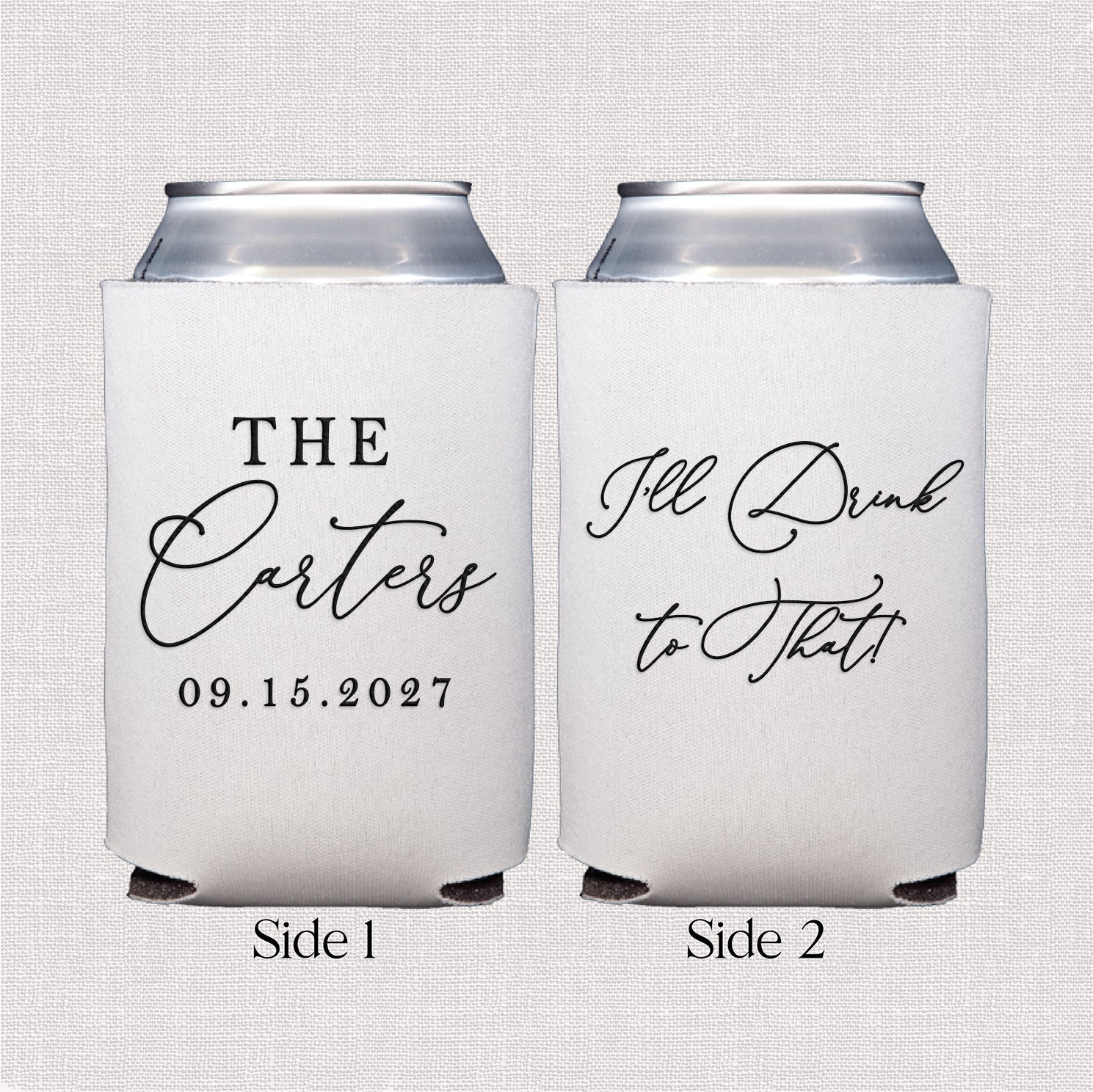 Personalized standard can coolers with night before wedding design displayed upright