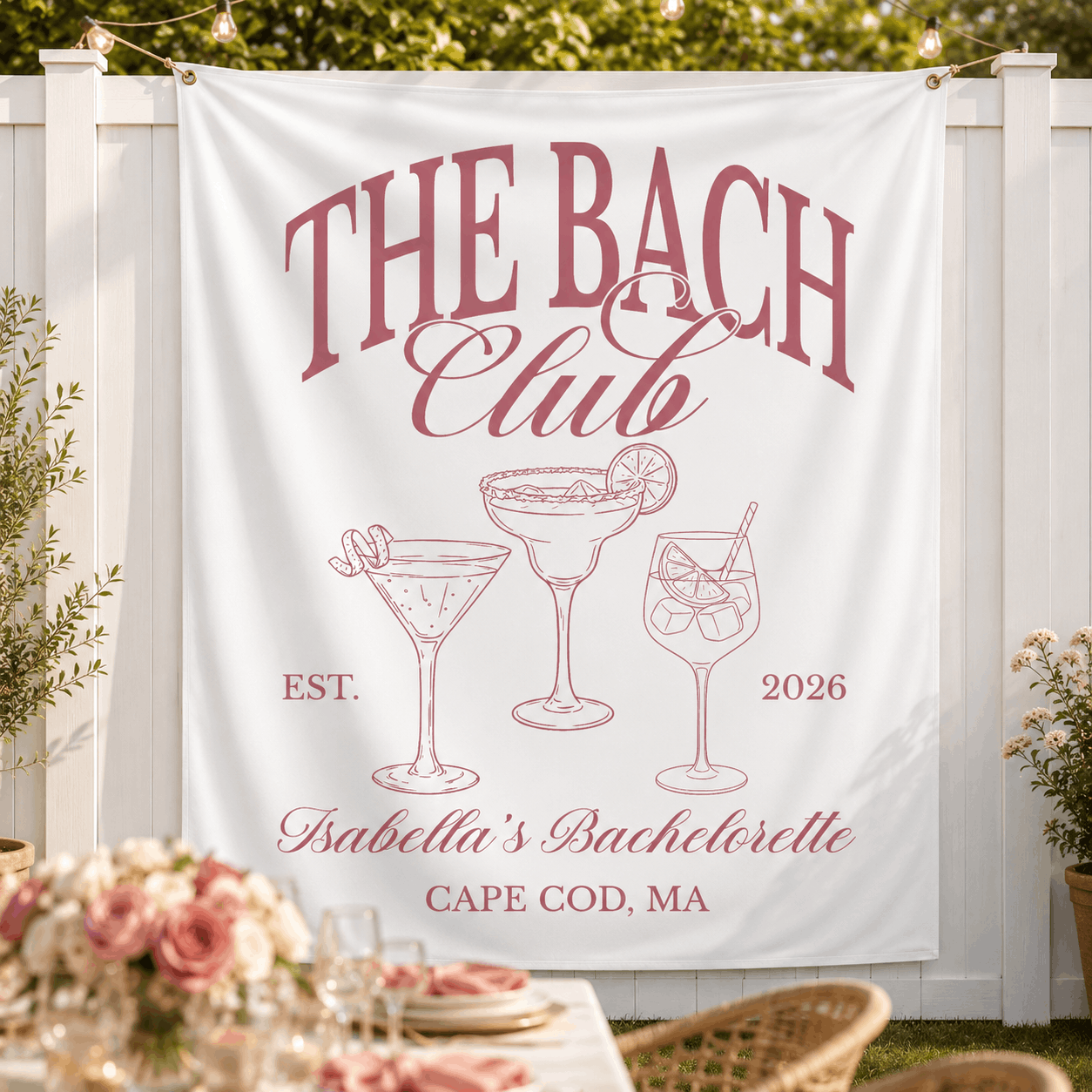 The Bach Club bachelorette banner lifestyle photo with bride tribe party decor