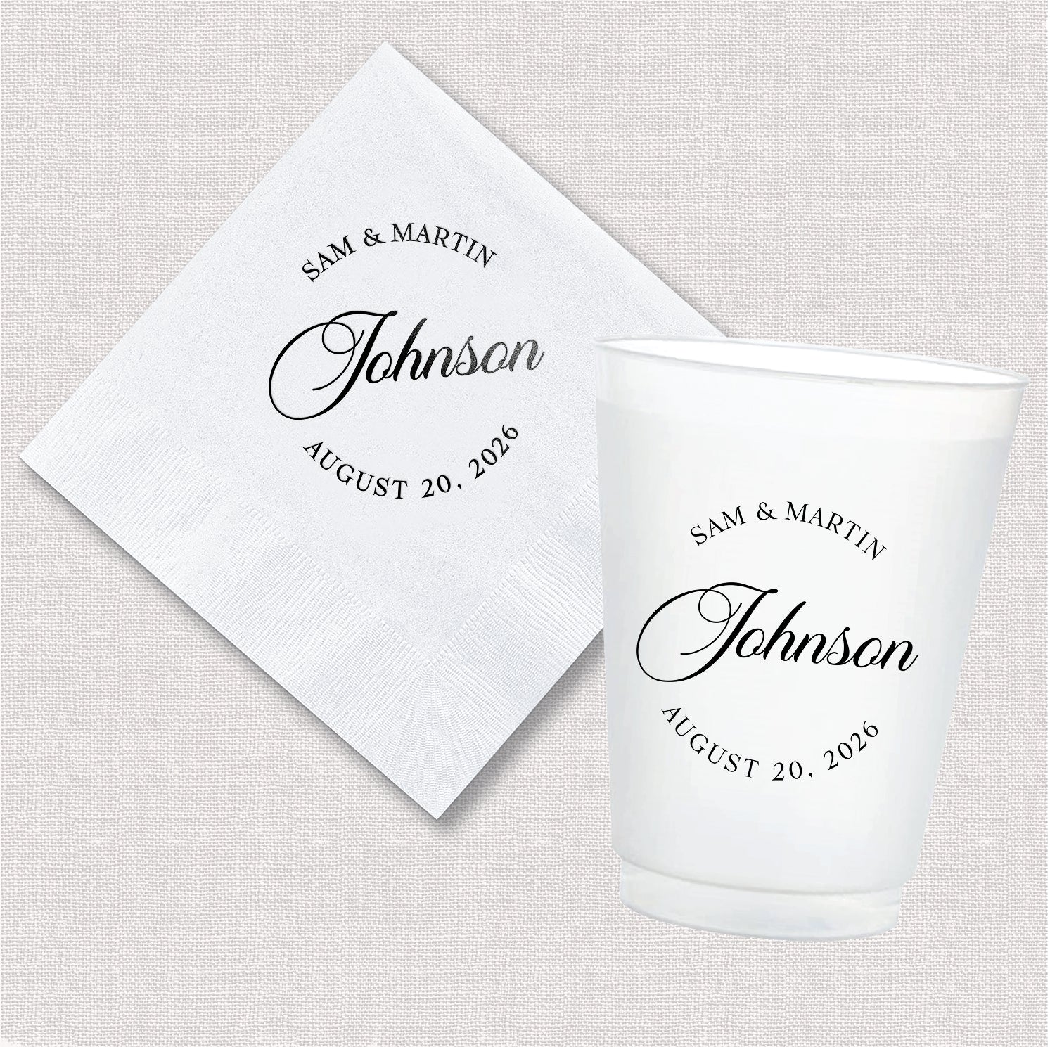 Modern monogram wedding bundle featuring personalized cocktail napkin and frosted shatterproof cup with modern monogram design