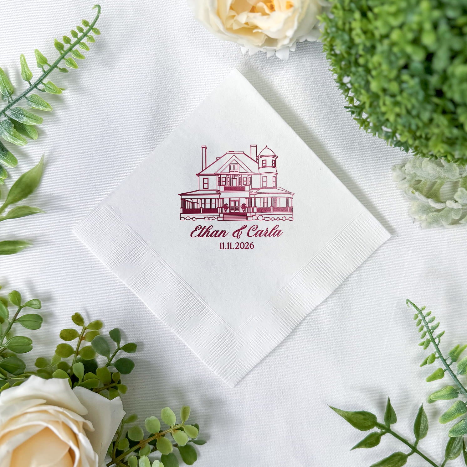 Venue sketch cocktail napkins real photo — personalized wedding napkins