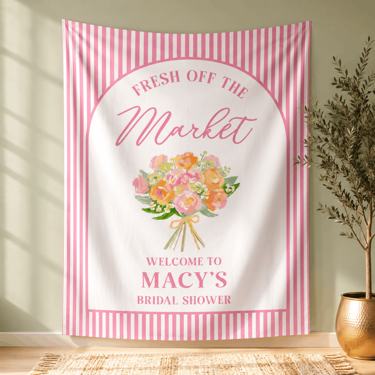 Personalized Fresh Off the Market bachelorette party tapestry banner - Design 3, custom name and date portrait backdrop